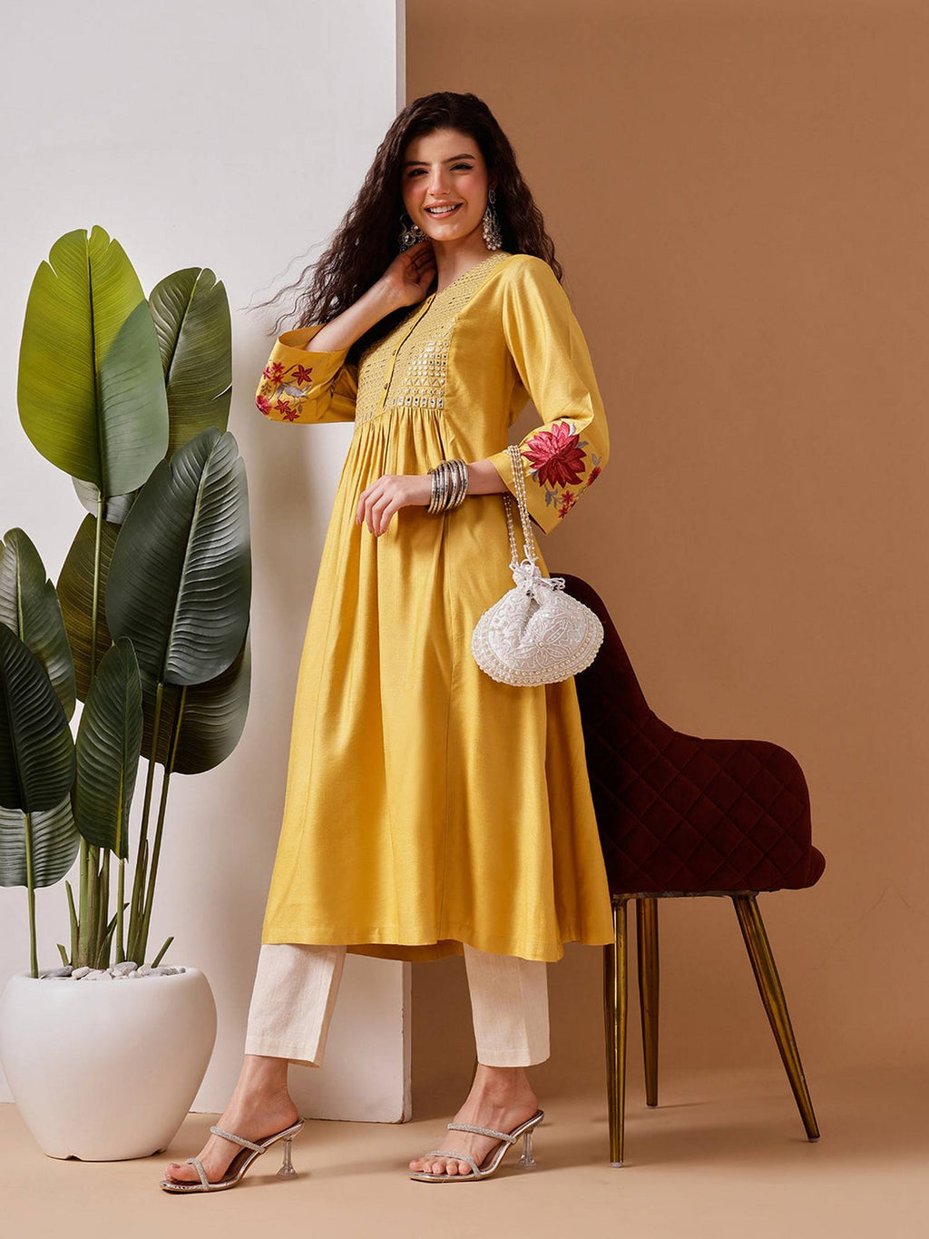 Women Yellow Linen Embroidered Kurta | FY93 - view 3