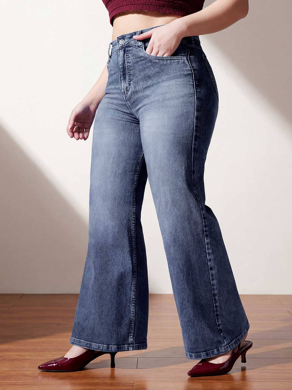 Blue Solid/Plain Wide Jeans | WL90 - view 2