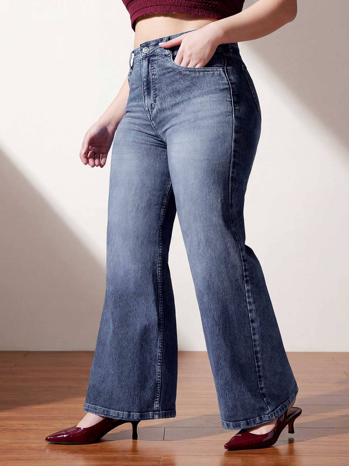 Blue Solid/Plain Wide Jeans | WL90 - view 2
