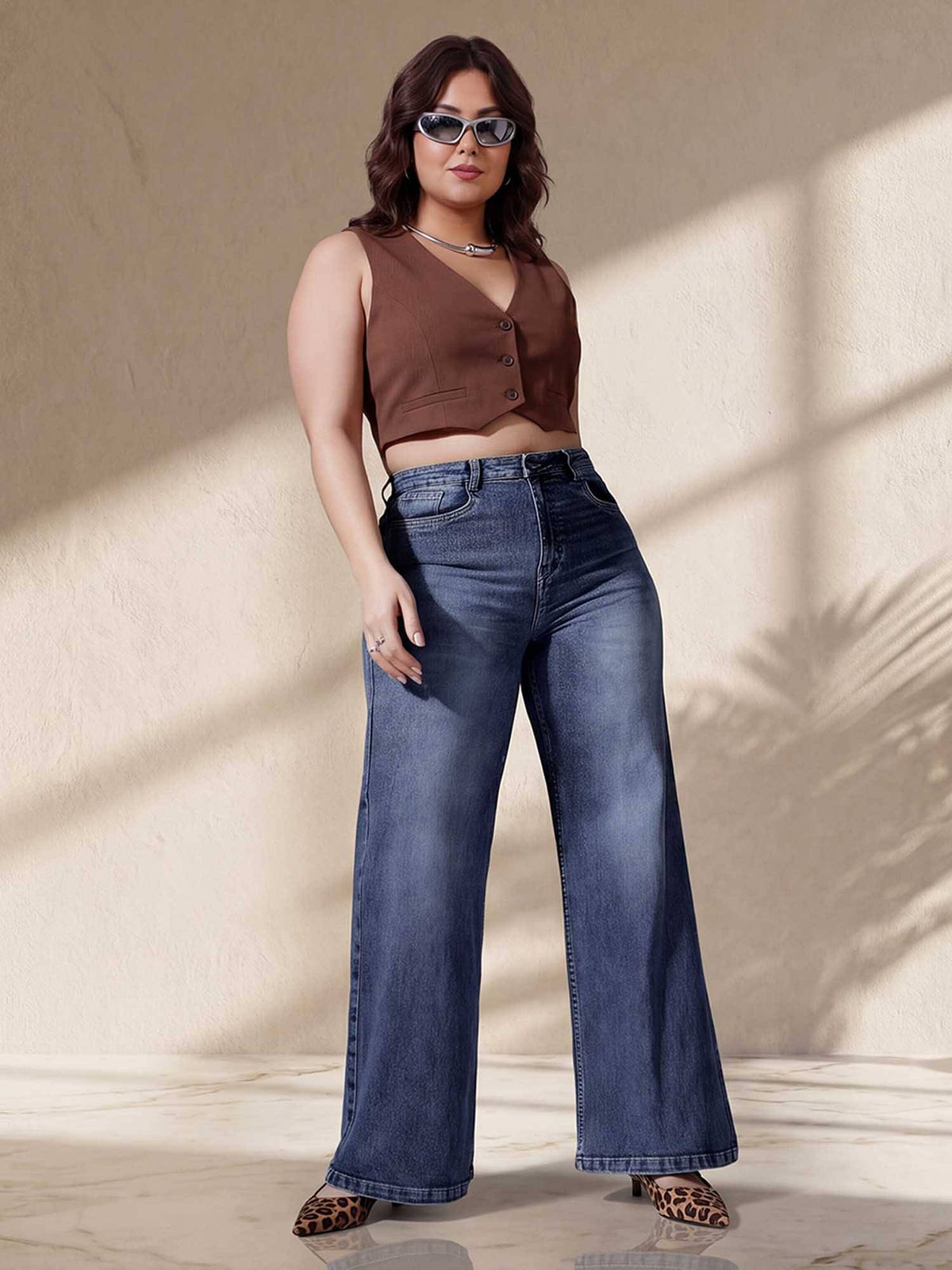Blue Solid/Plain Wide Jeans | WL90 - view 3