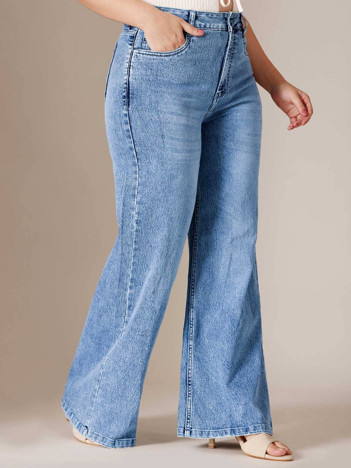 Blue Solid/Plain Wide Jeans | WL90 - view 4