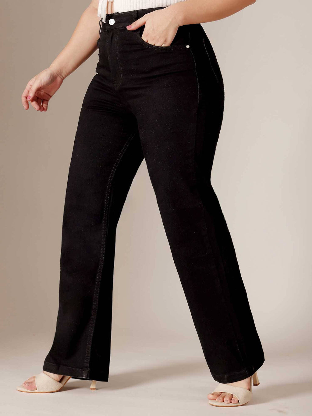 Black Solid/Plain Straight Jeans | ST23 - view 3