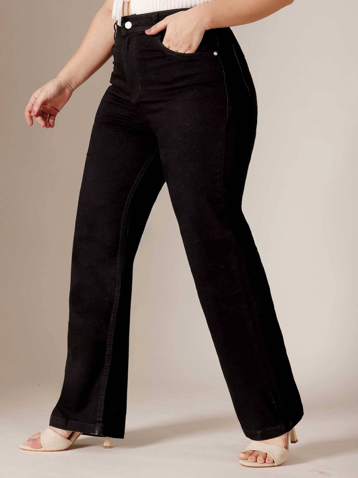 Black Solid/Plain Straight Jeans | ST23 - view 3