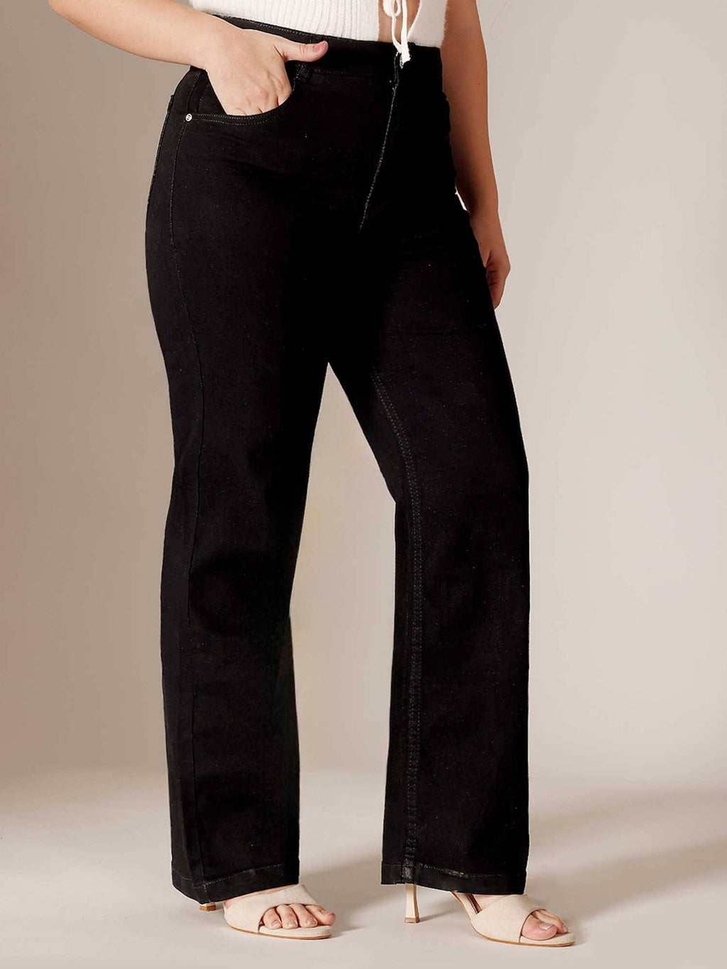 Black Solid/Plain Straight Jeans | ST23 - view 4
