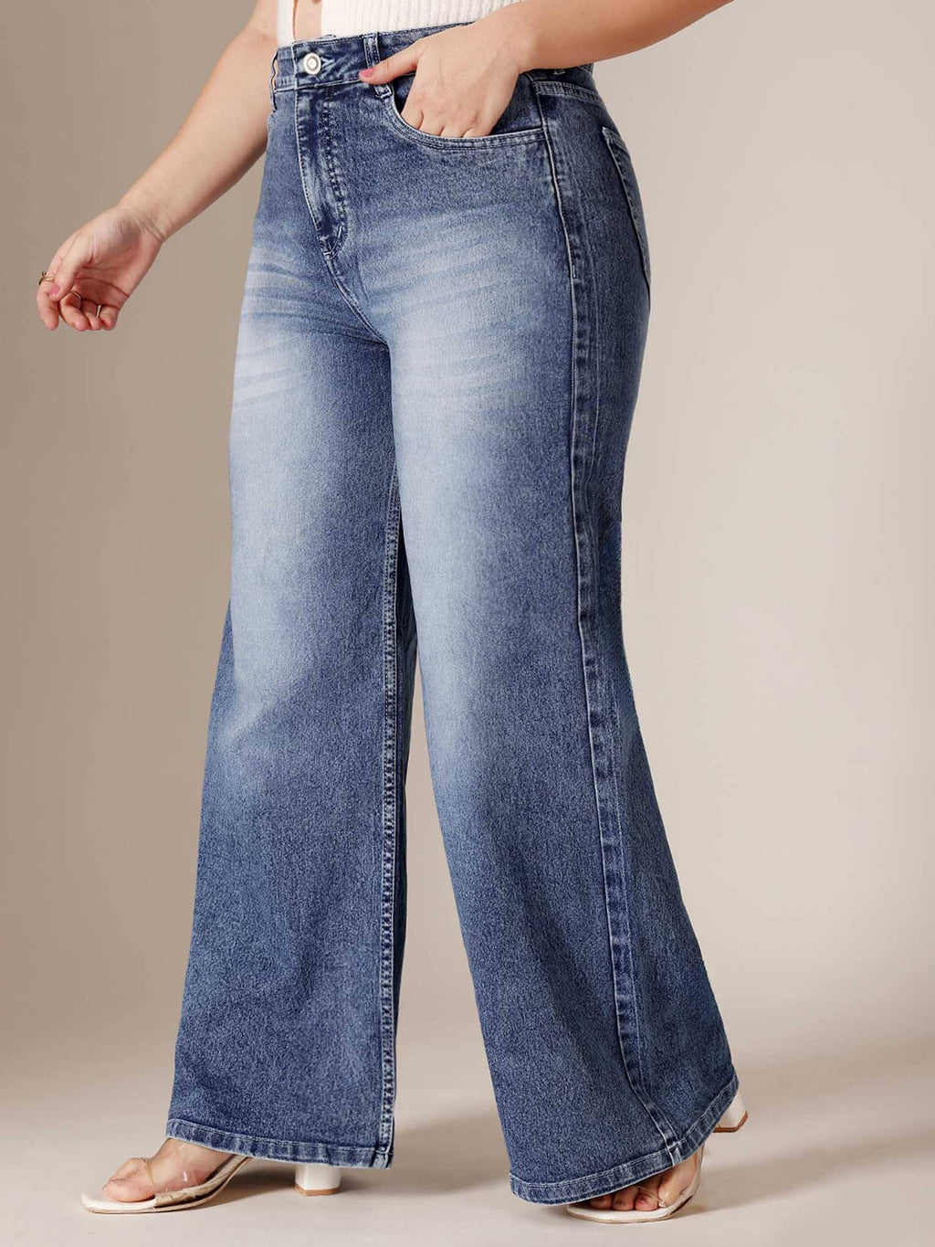 Blue Solid/Plain Wide Jeans | WL90 - view 3