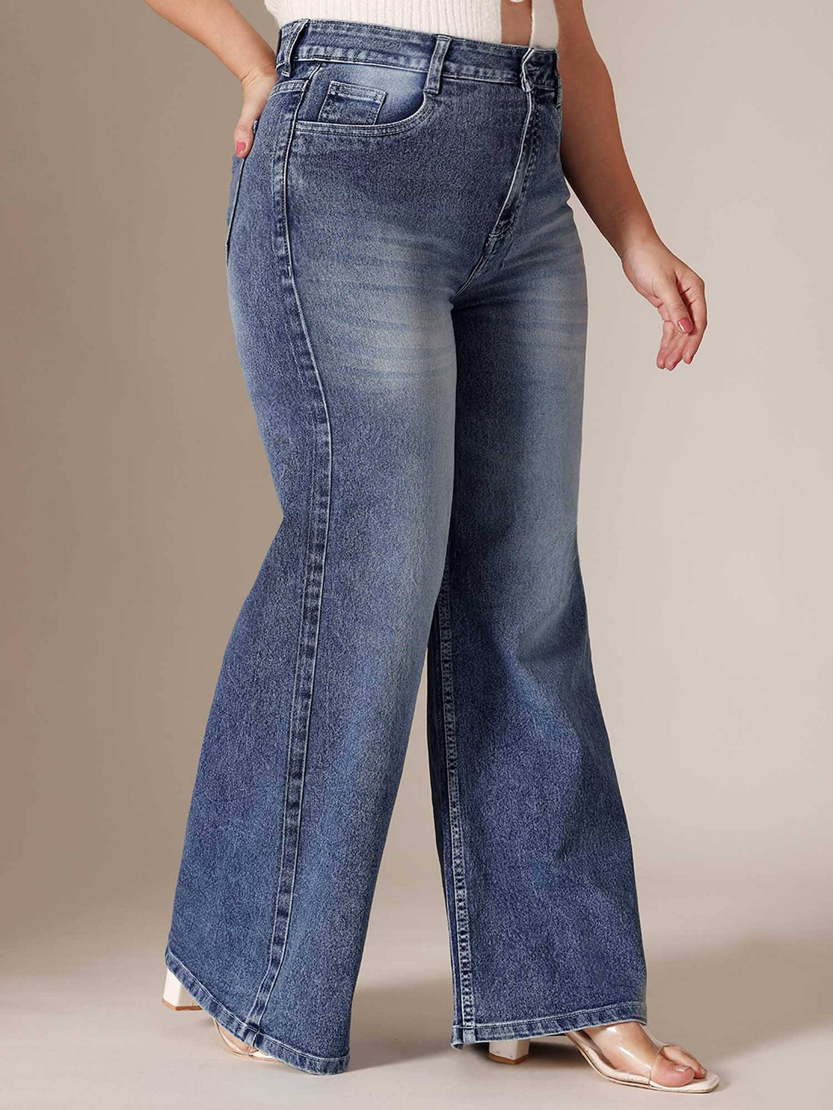 Blue Solid/Plain Wide Jeans | WL90 - view 4