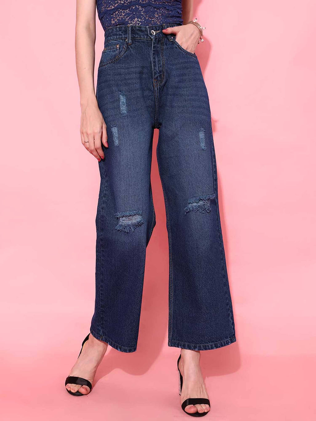 Navy Blue Solid/Plain Straight Jeans | ST23 - view 1
