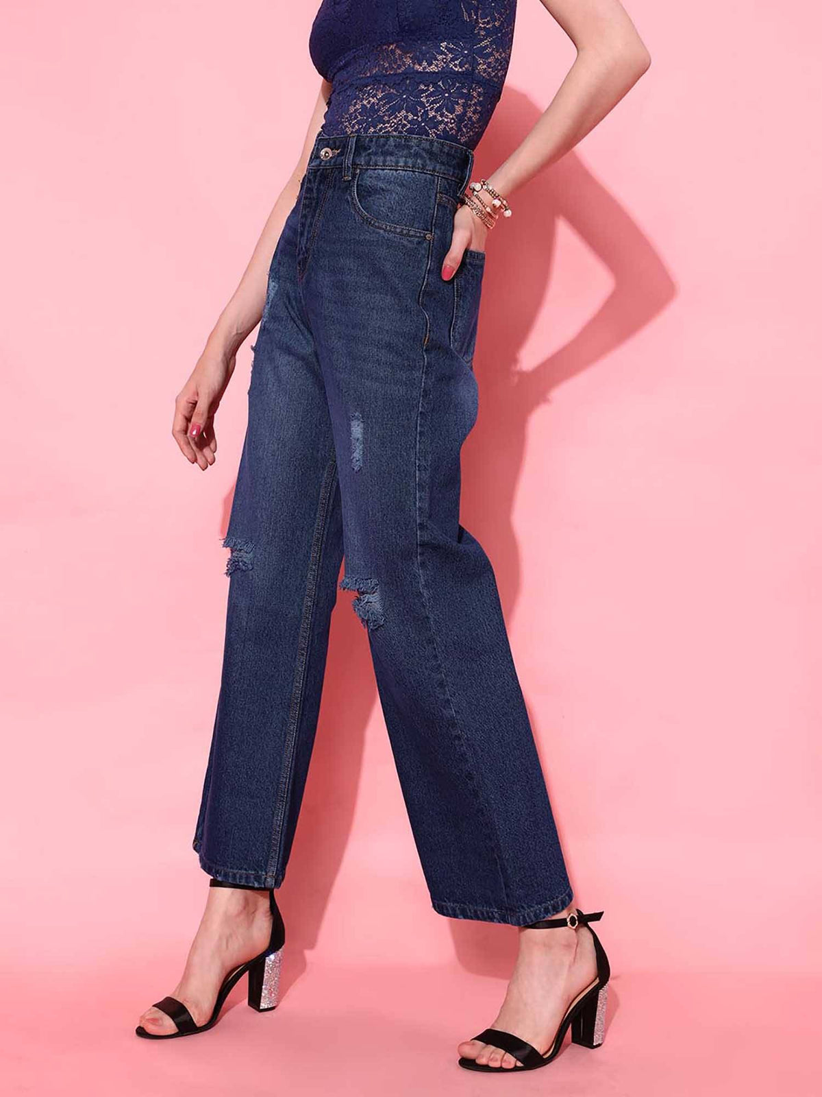 Navy Blue Solid/Plain Straight Jeans | ST23 - view 3