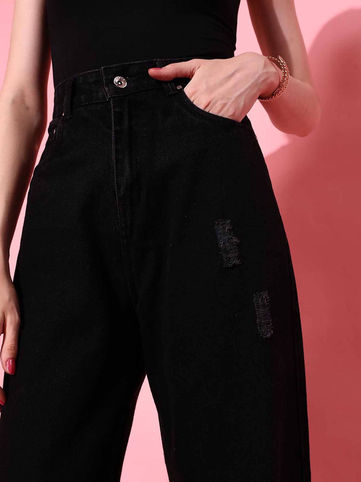Black Solid/Plain Straight Jeans | ST23 - view 4