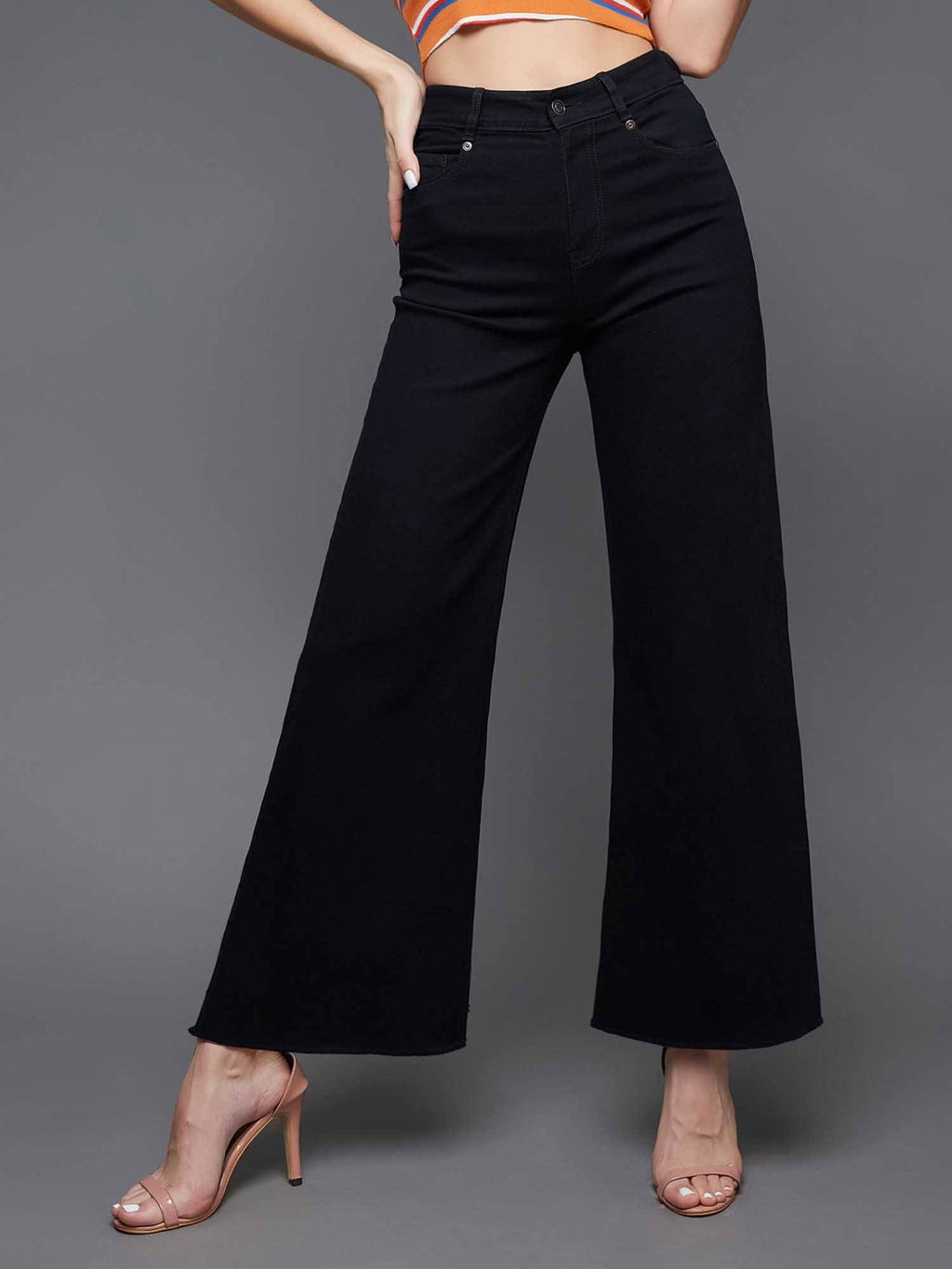Black Solid/Plain Wide Jeans | WL90 - view 1