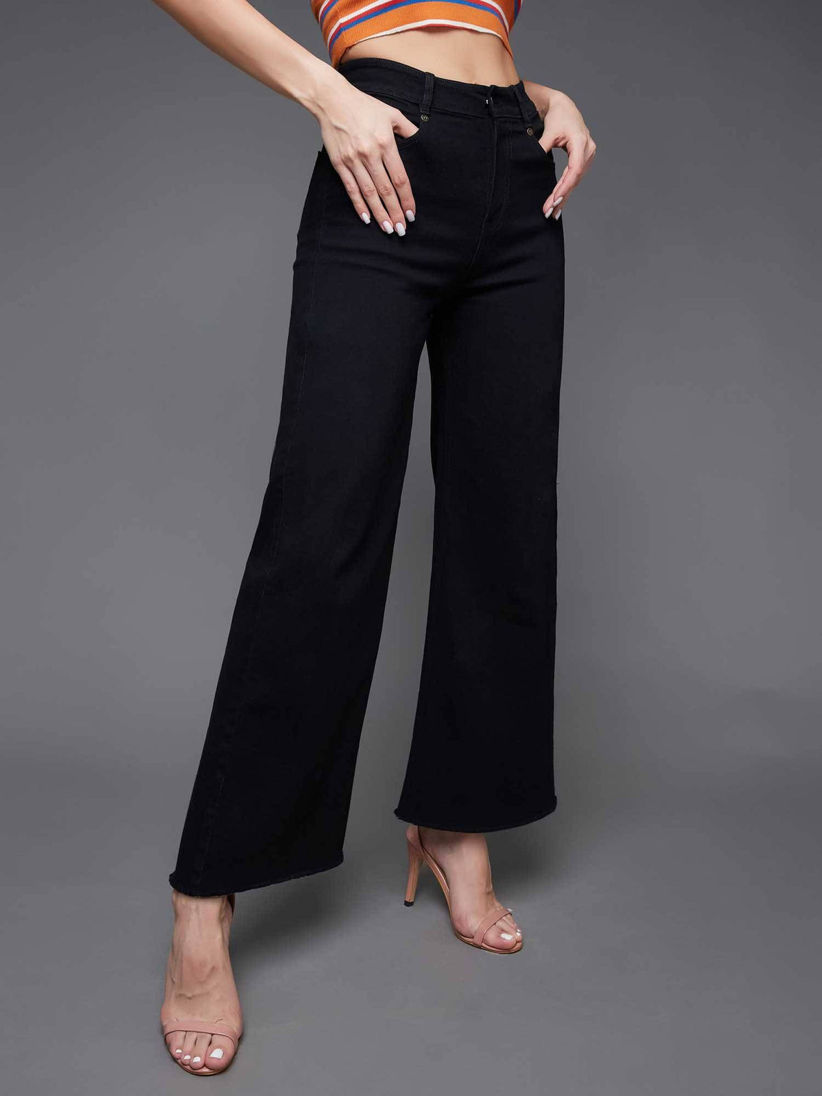 Black Solid/Plain Wide Jeans | WL90 - view 3