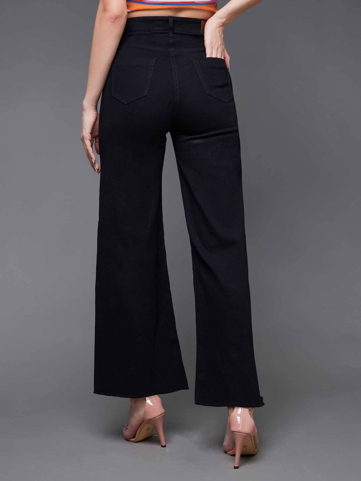Black Solid/Plain Wide Jeans | WL90 - view 4