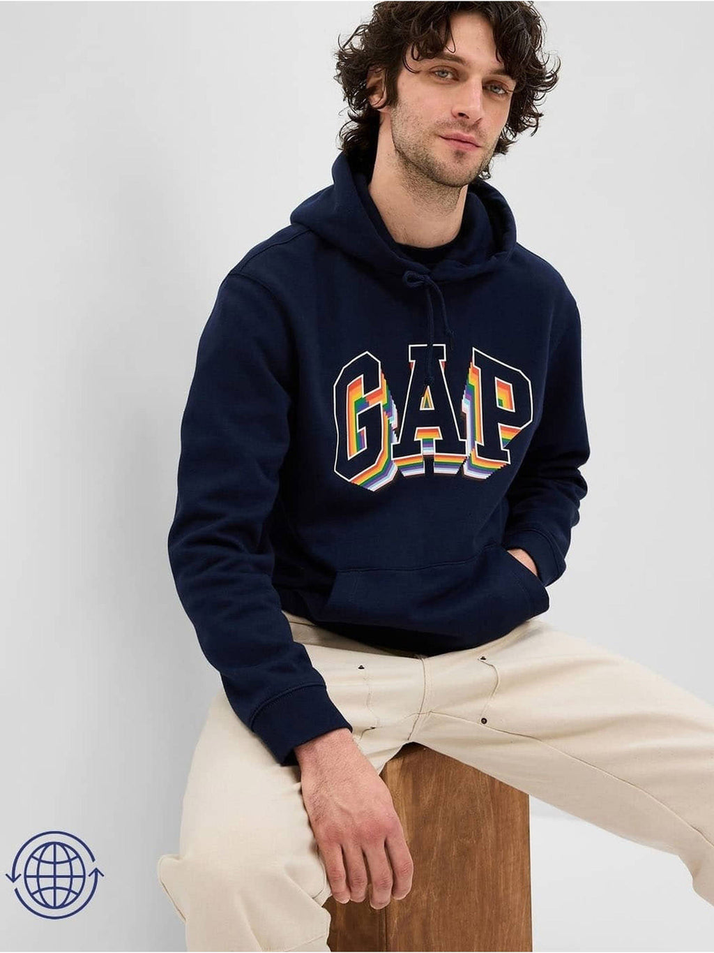 Navy Blue Men's Logo Print Hooded Sweatshirt | HD56 - view 3