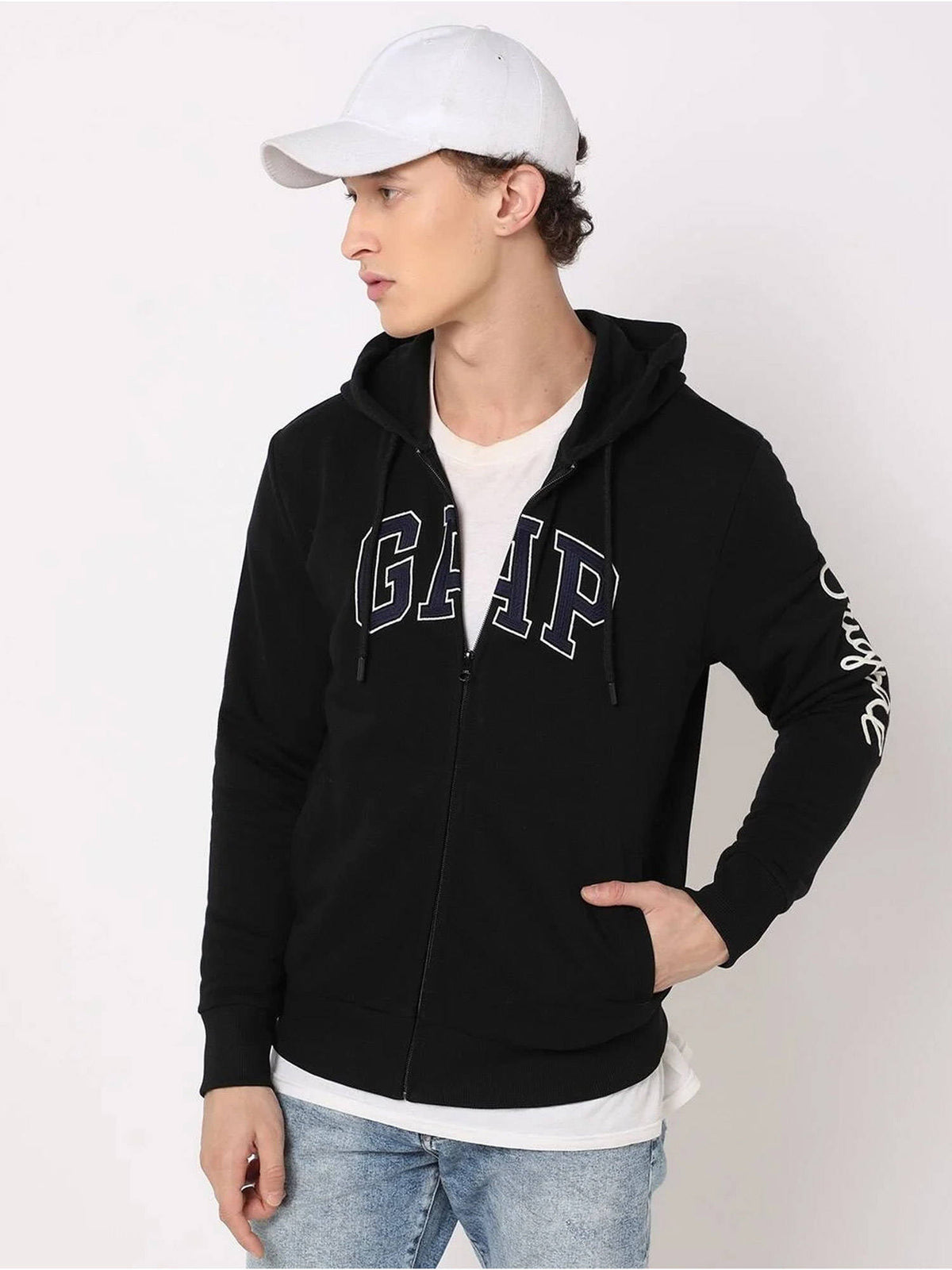 Black Men's Logo Print Zip-Front Full Sleeve Hooded Sweatshirt | HD56 - view 1