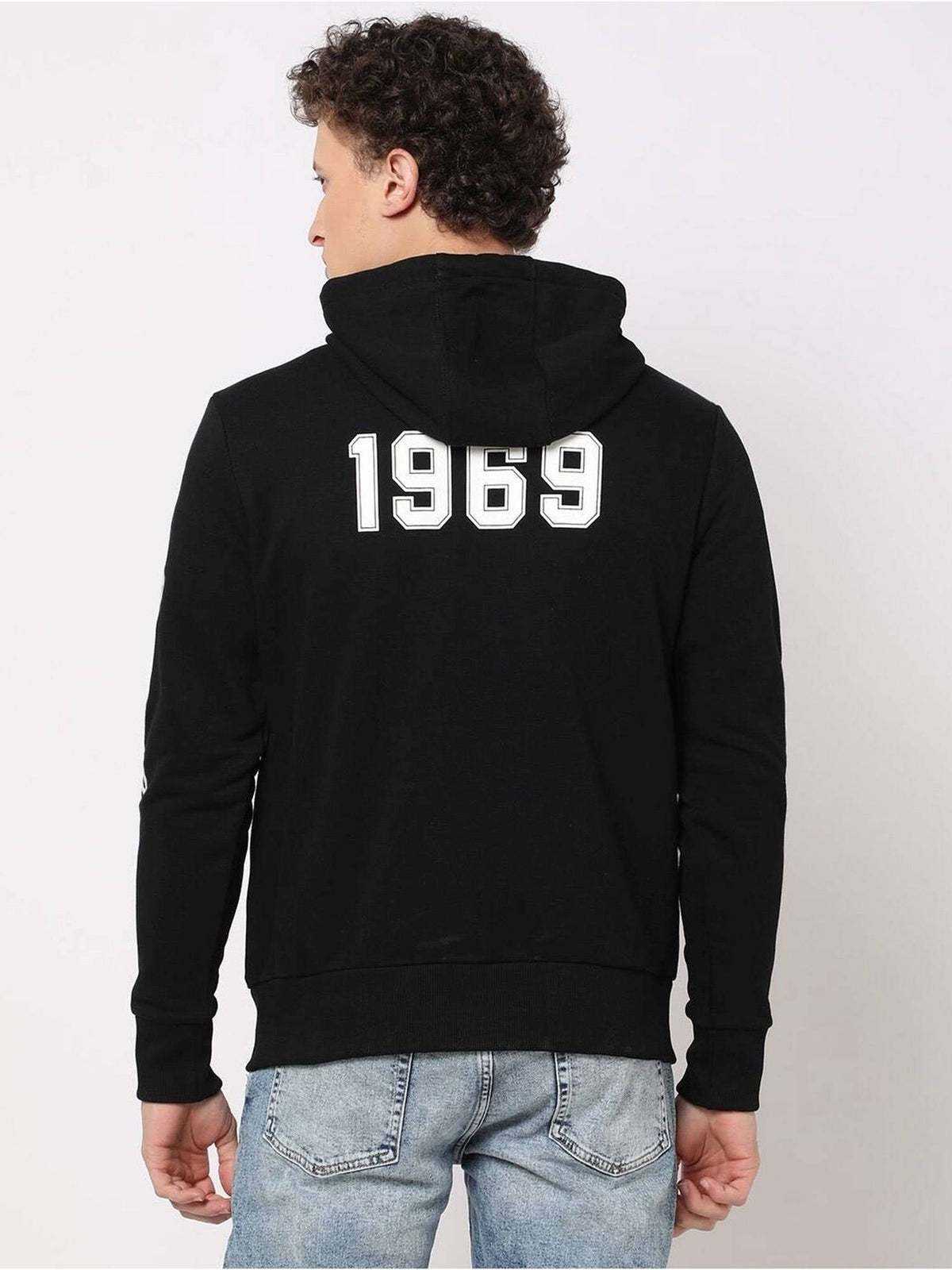 Black Men's Logo Print Zip-Front Full Sleeve Hooded Sweatshirt | HD56 - view 2
