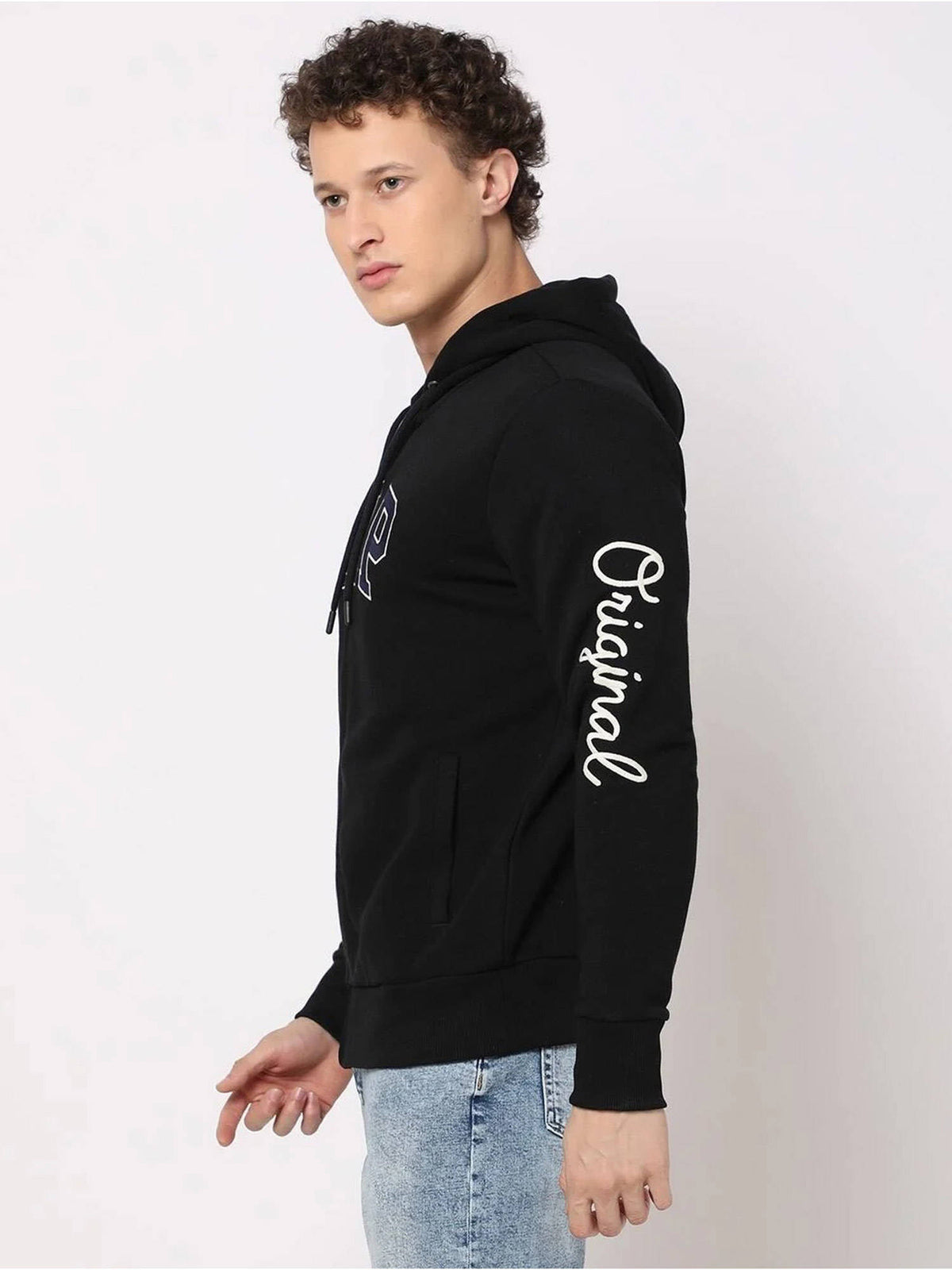 Black Men's Logo Print Zip-Front Full Sleeve Hooded Sweatshirt | HD56 - view 3