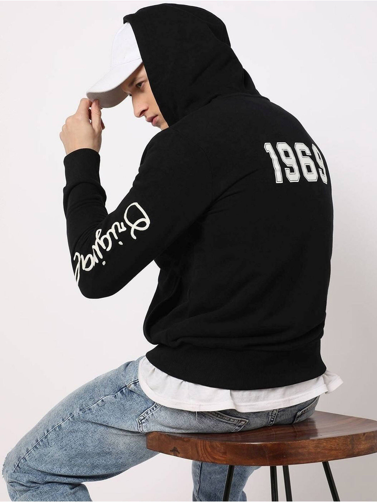 Black Men's Logo Print Zip-Front Full Sleeve Hooded Sweatshirt | HD56 - view 5
