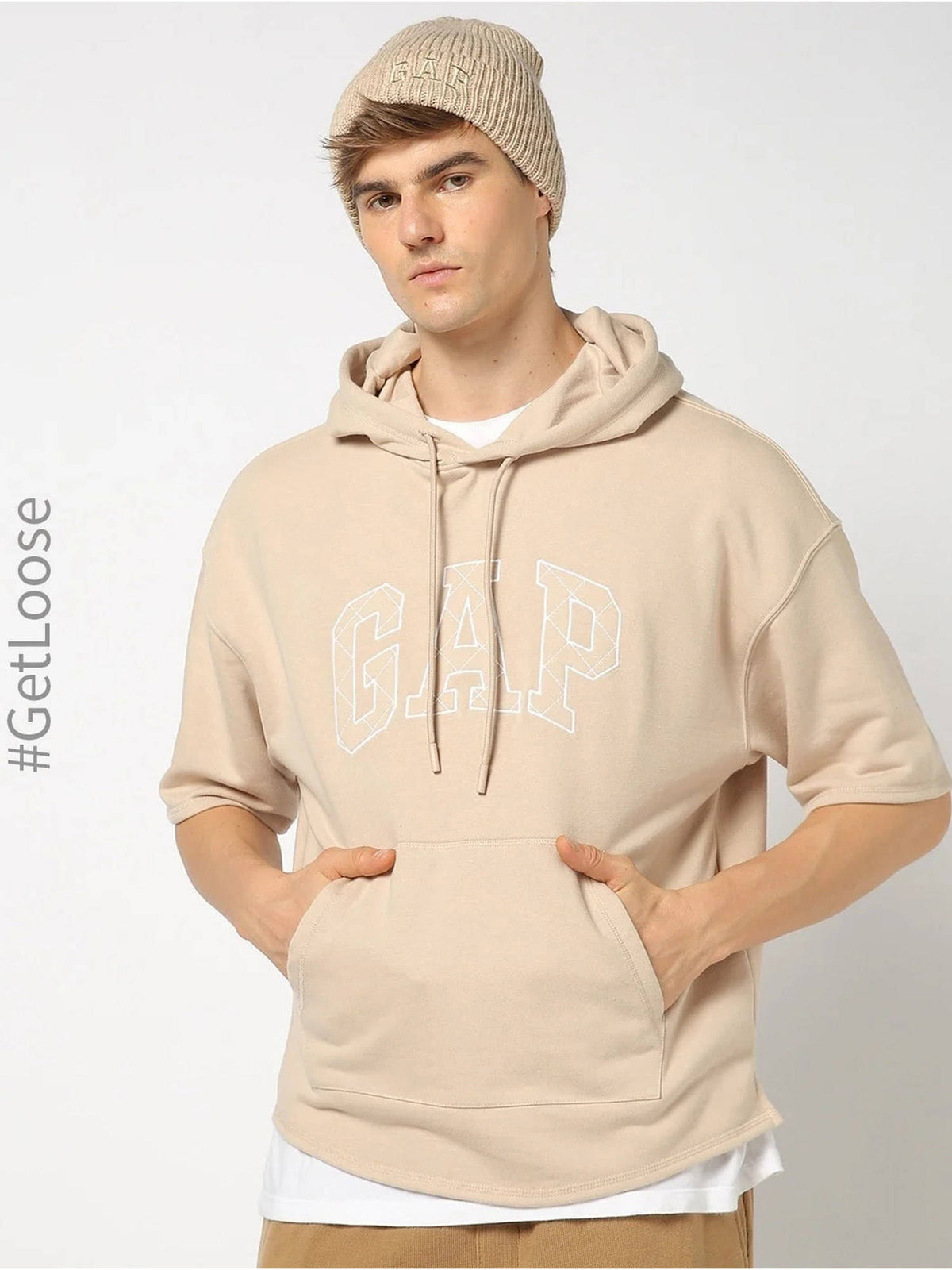 Biege Men's Logo Print Hooded Full Sleeve Sweatshirt | HD56 - view 1