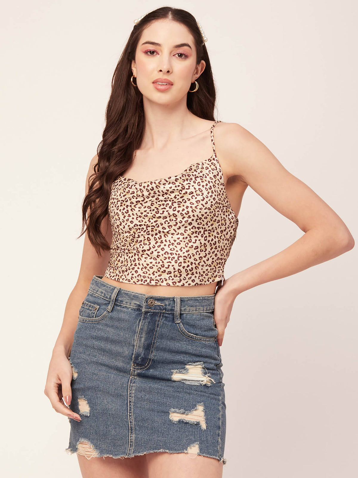 Women Cream Animal Printed Velvet Crop Top | CT61 - view 1