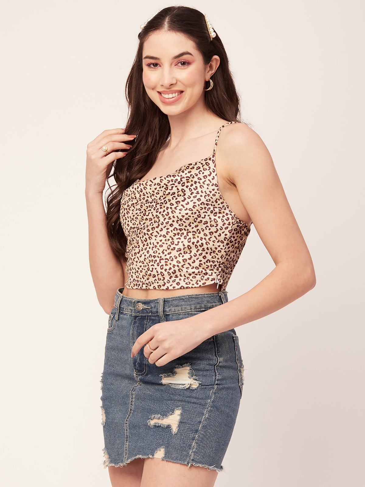Women Cream Animal Printed Velvet Crop Top | CT61 - view 4
