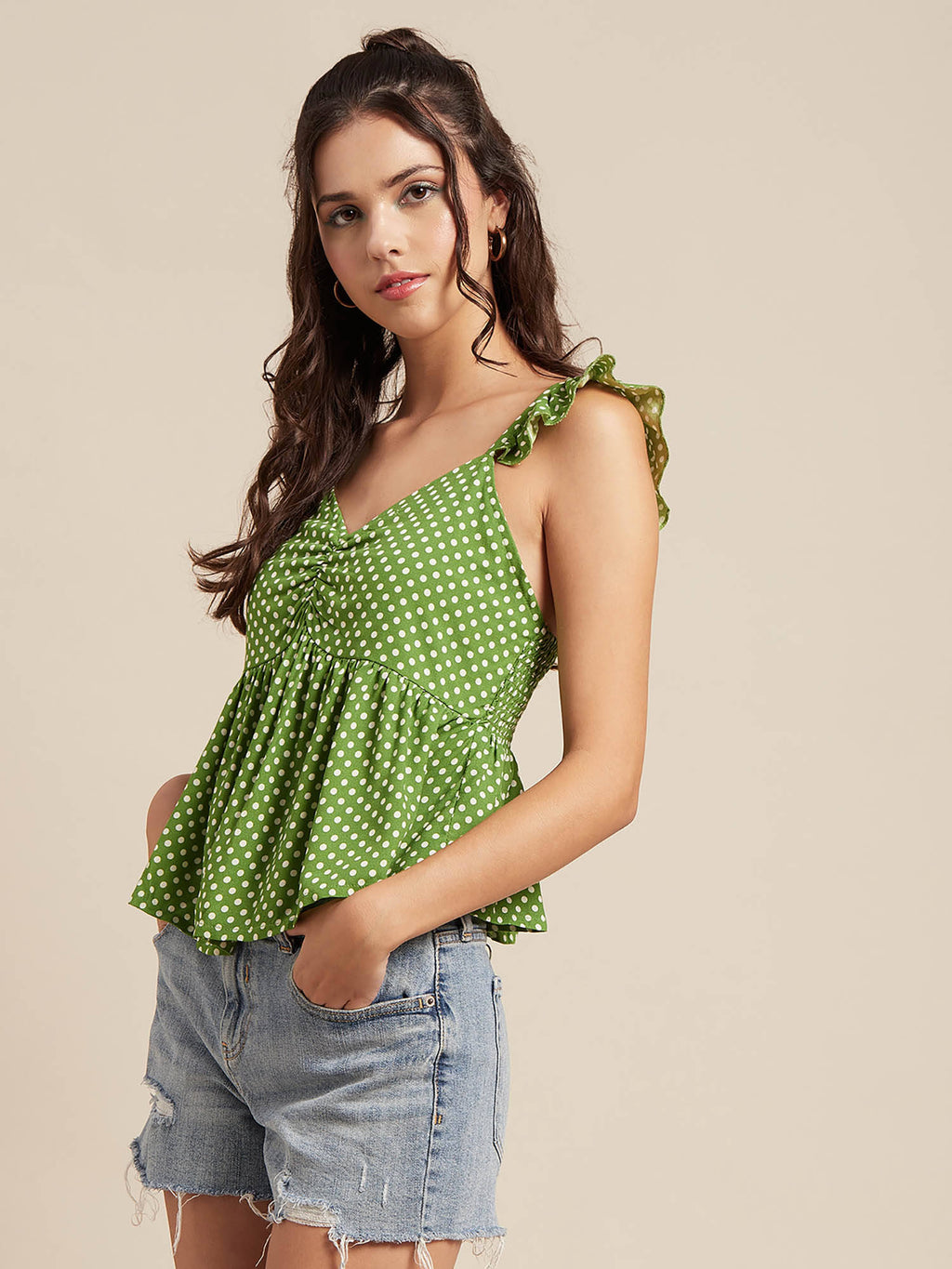 Women Green Polka Dots Ruffled Sleeves Top | pt51 - view 2