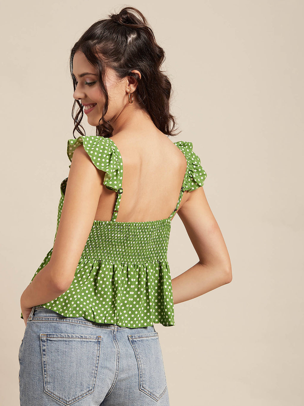Women Green Polka Dots Ruffled Sleeves Top | pt51 - view 3