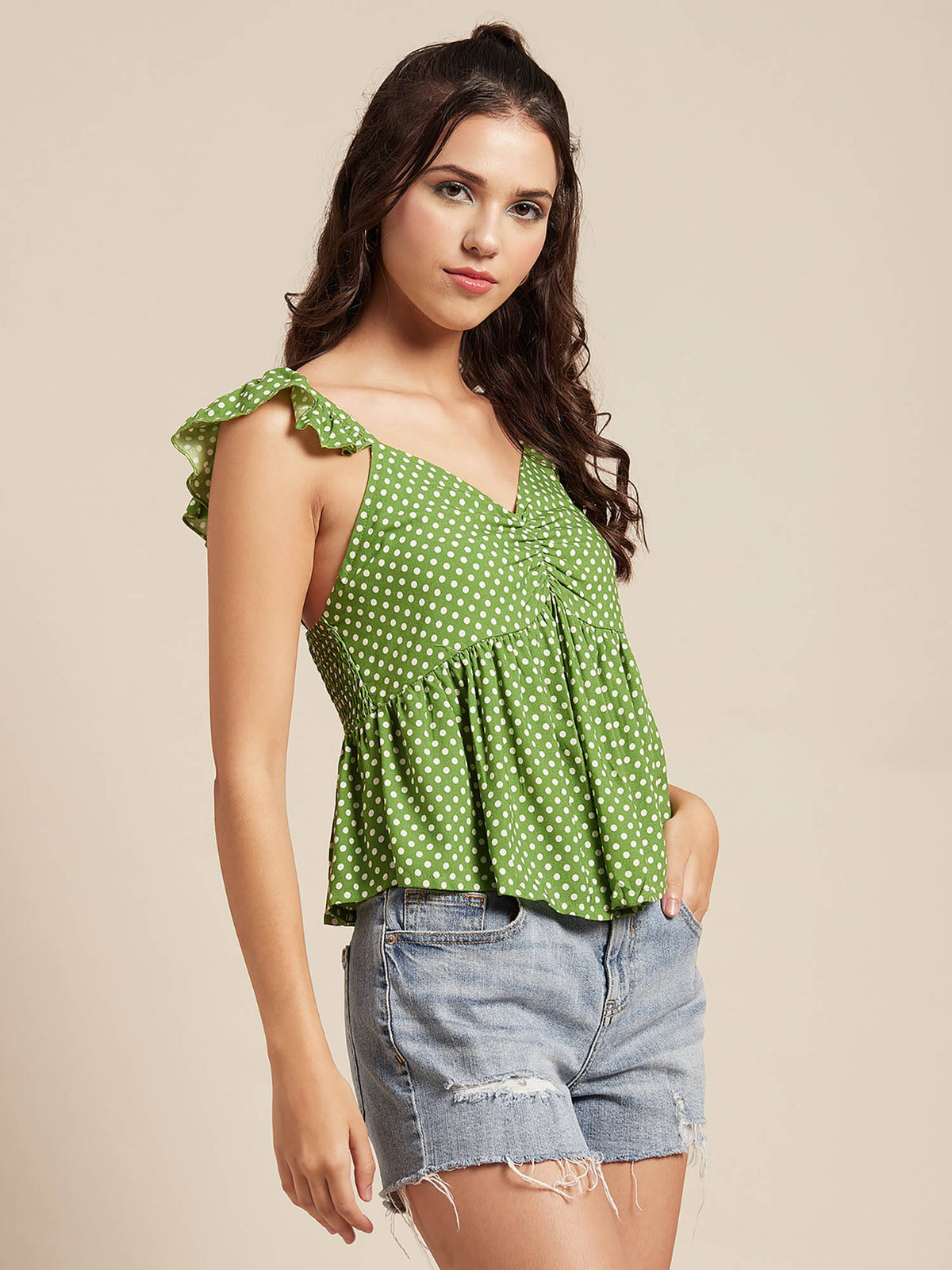 Women Green Polka Dots Ruffled Sleeves Top | pt51 - view 6