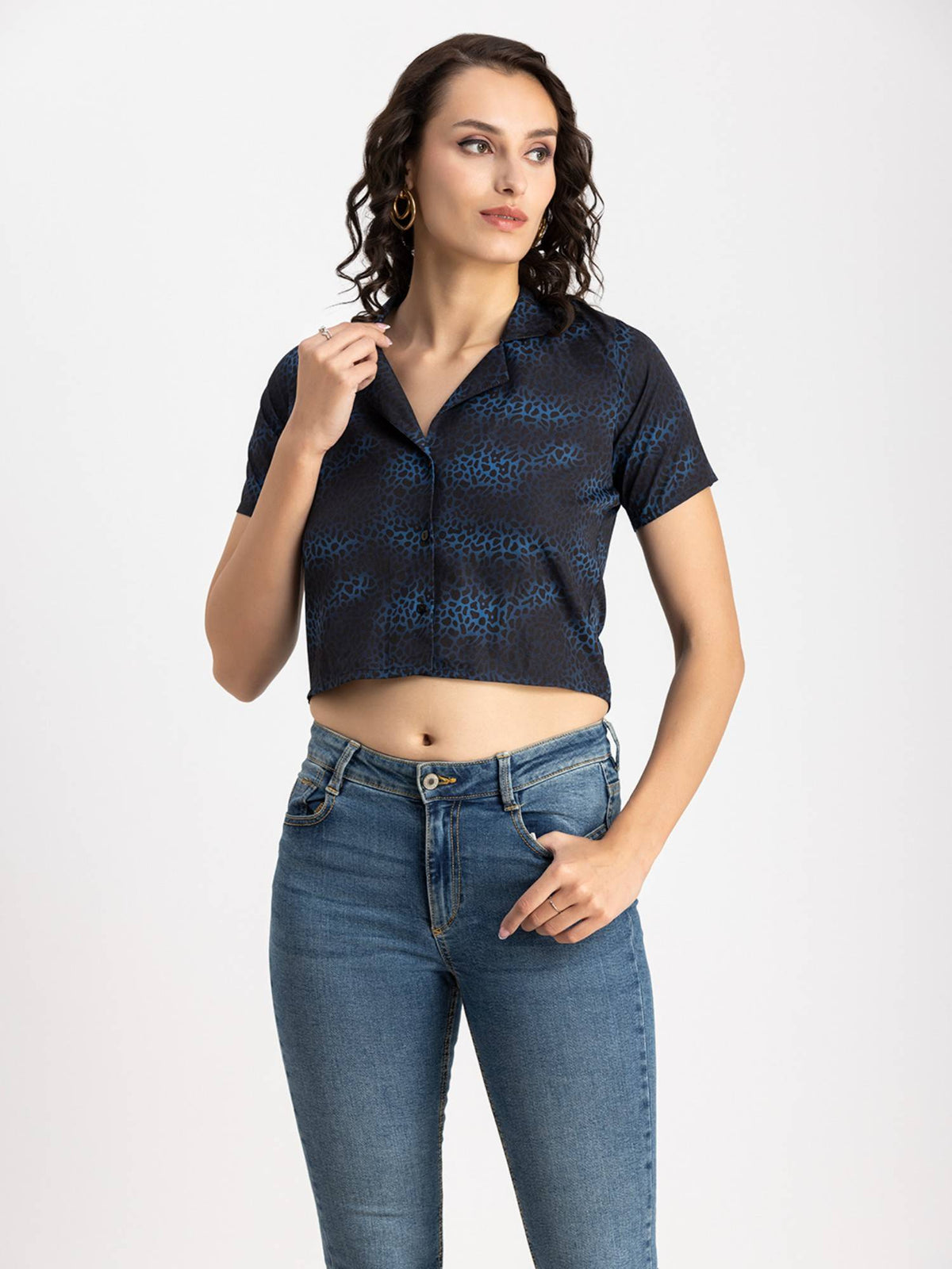 Women Blue Animal Printed Half Sleeves Crop Top | CT61 - view 1