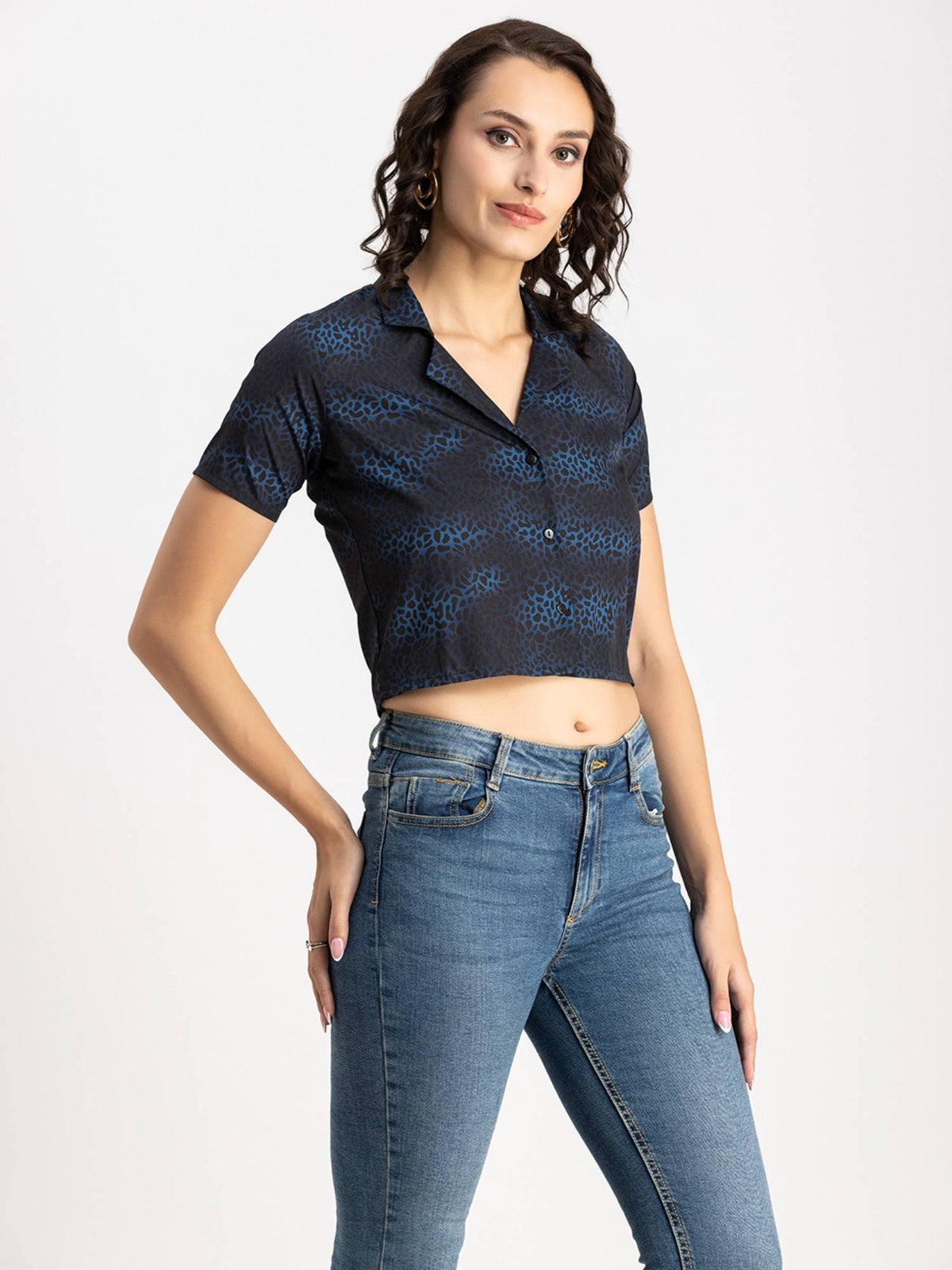 Women Blue Animal Printed Half Sleeves Crop Top | CT61 - view 2