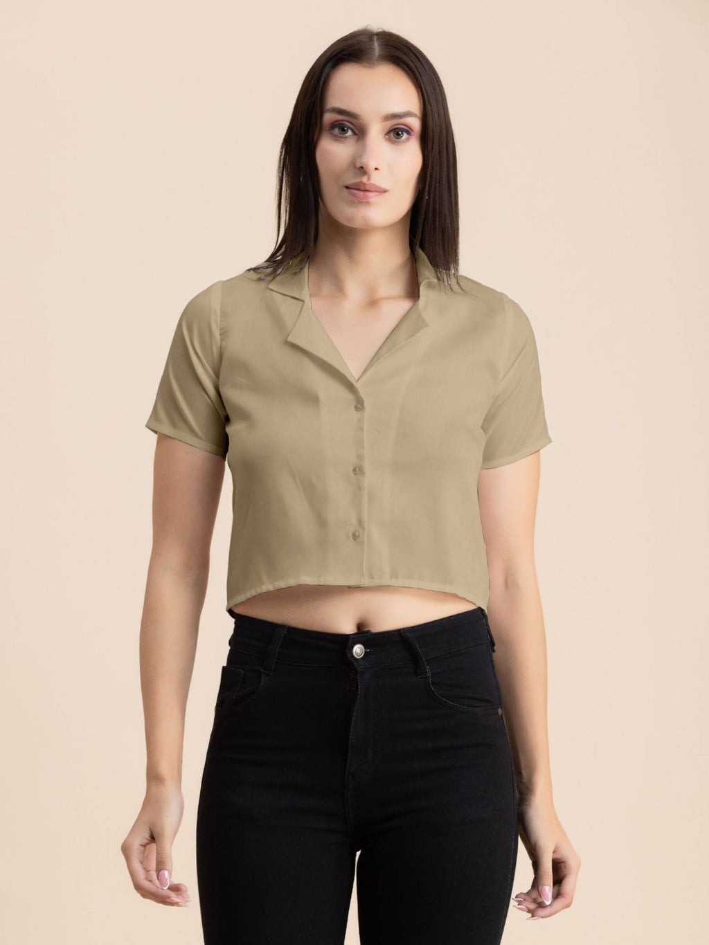 Women Beige Solid Half Sleeves Crop Top | CT61 - view 1