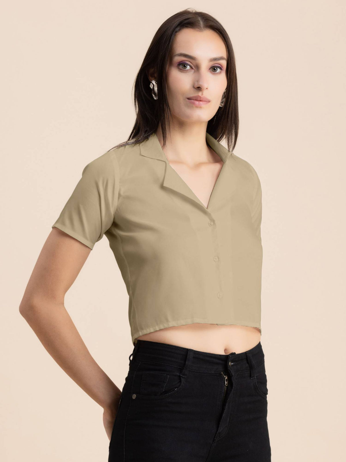 Women Beige Solid Half Sleeves Crop Top | CT61 - view 2