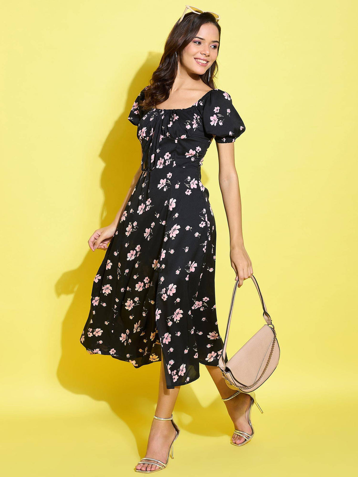 Animal Print Tie-Up Neck Puff Sleeve Crepe A-Line Midi Dress | D56 - view 6