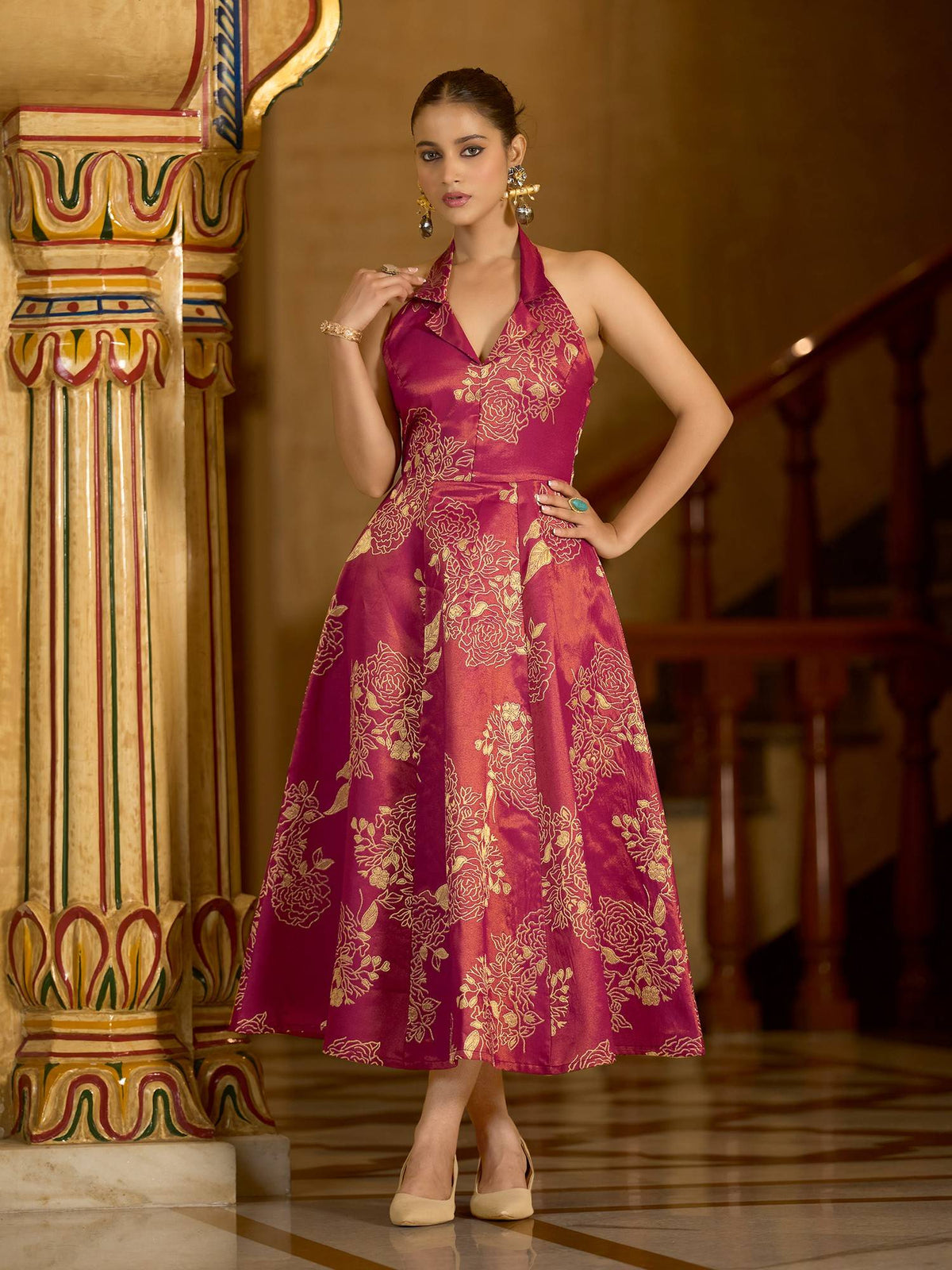 Women Brown Flared Midi Sleeveless Halter Floral Dress | D56 - view 7