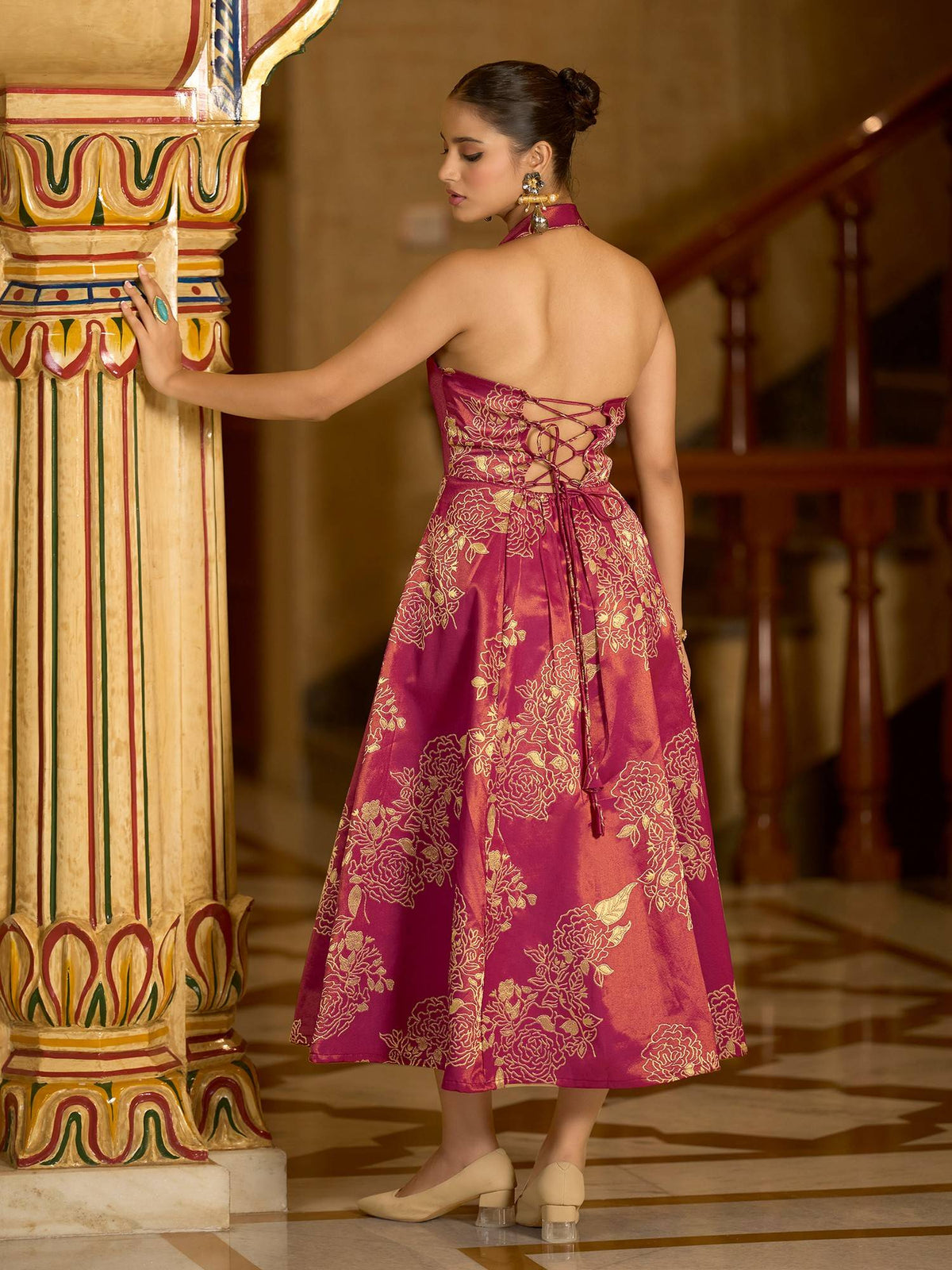 Women Pink Flared Midi Sleeveless Halter Floral Dress | D56 - view 2