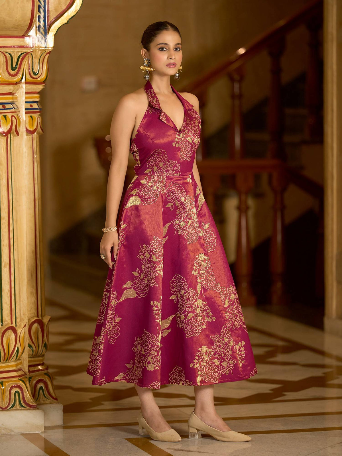 Women Pink Flared Midi Sleeveless Halter Floral Dress | D56 - view 3