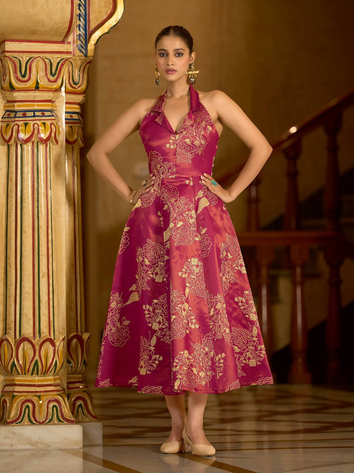 Women Pink Flared Midi Sleeveless Halter Floral Dress | D56 - view 4