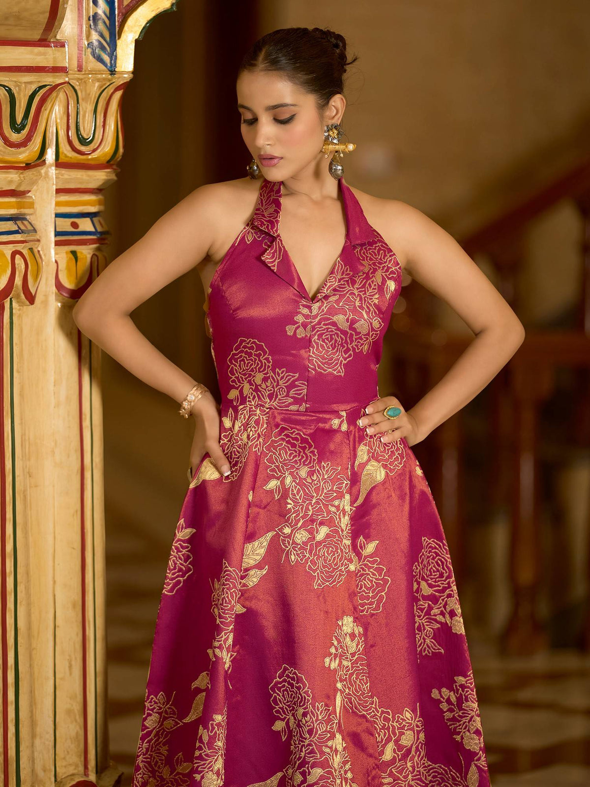 Women Pink Flared Midi Sleeveless Halter Floral Dress | D56 - view 5