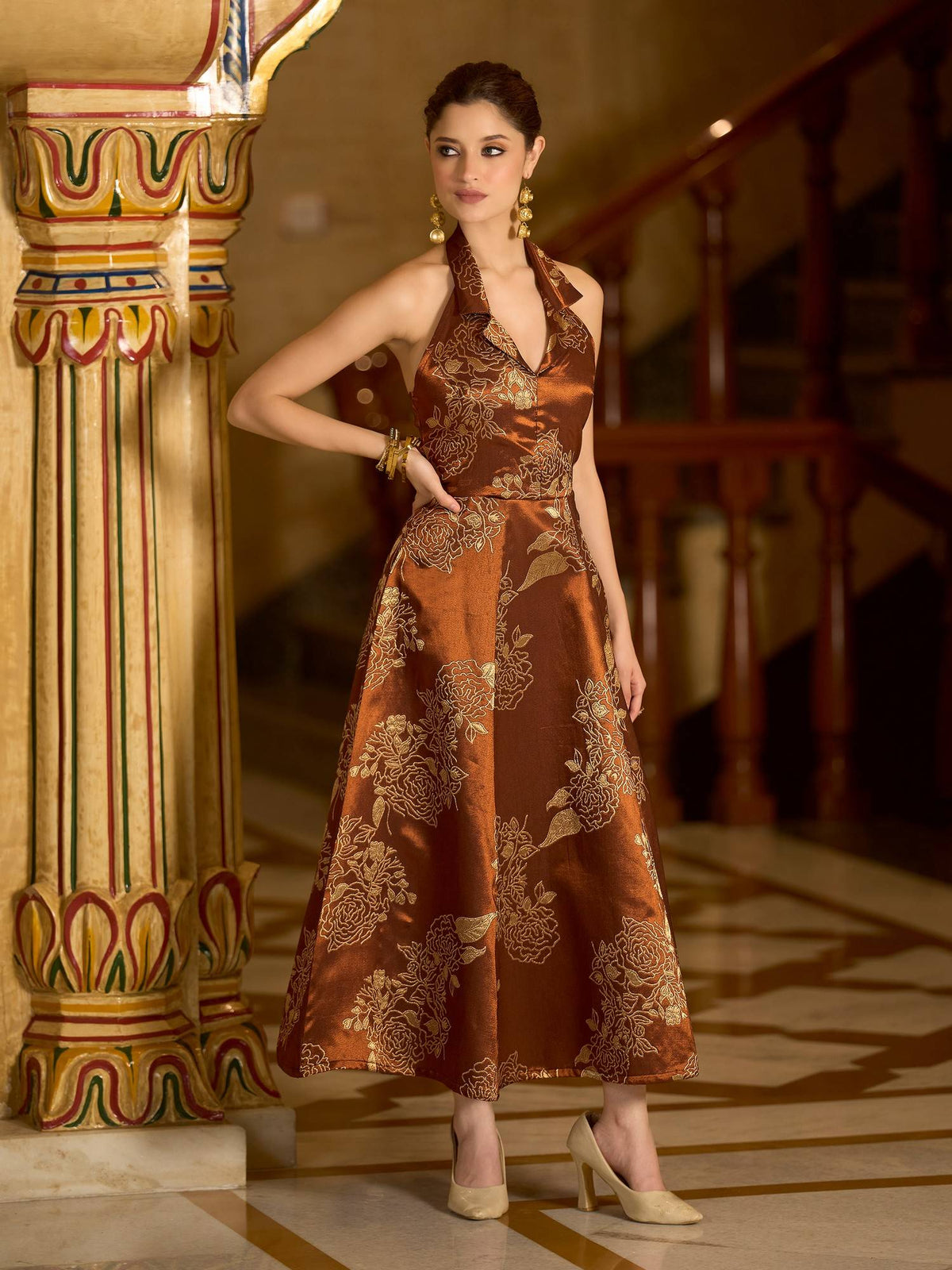 Women Brown Flared Midi Sleeveless Halter Floral Dress | D56 - view 1