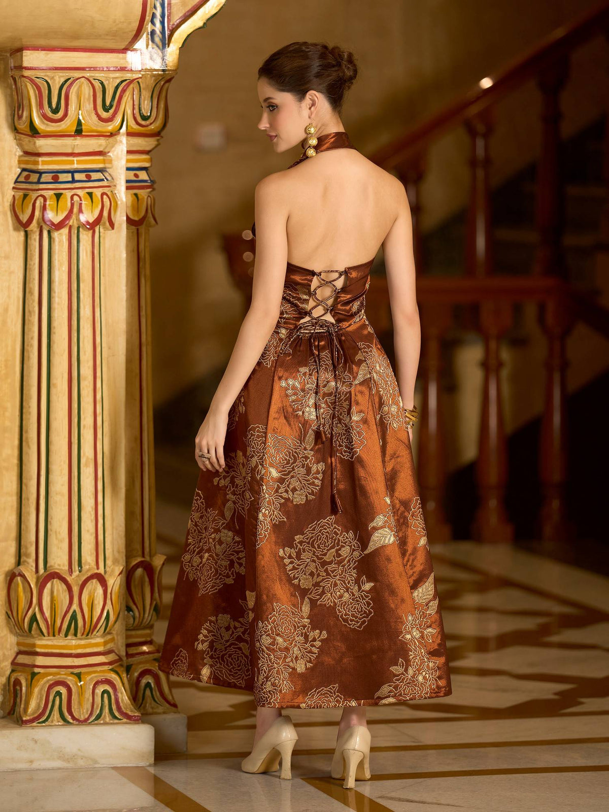 Women Brown Flared Midi Sleeveless Halter Floral Dress | D56 - view 2