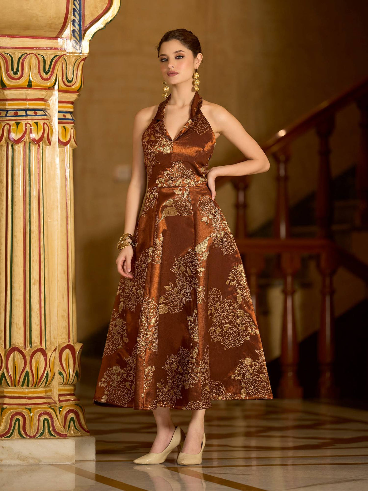 Women Brown Flared Midi Sleeveless Halter Floral Dress | D56 - view 3