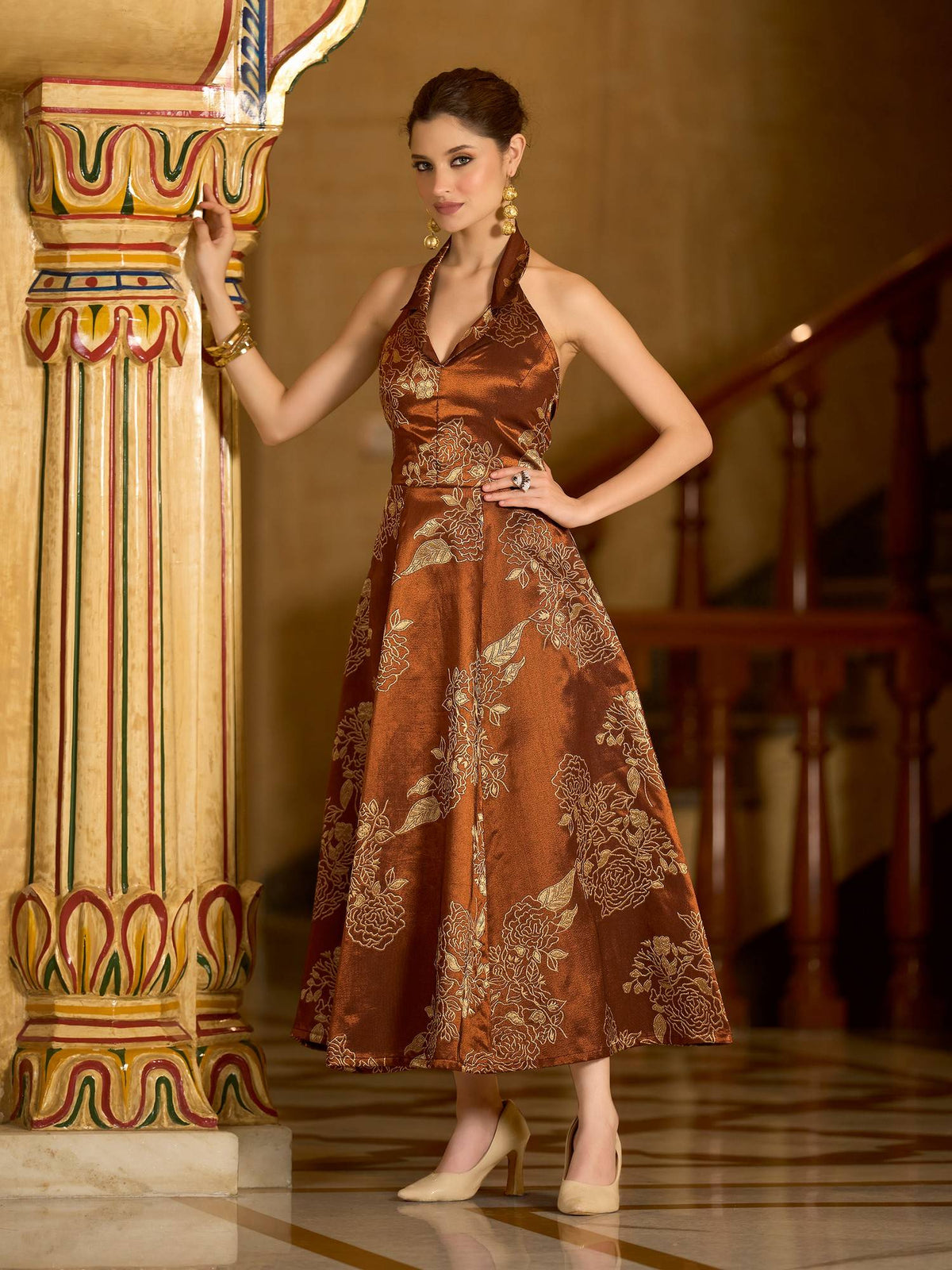 Women Brown Flared Midi Sleeveless Halter Floral Dress | D56 - view 4