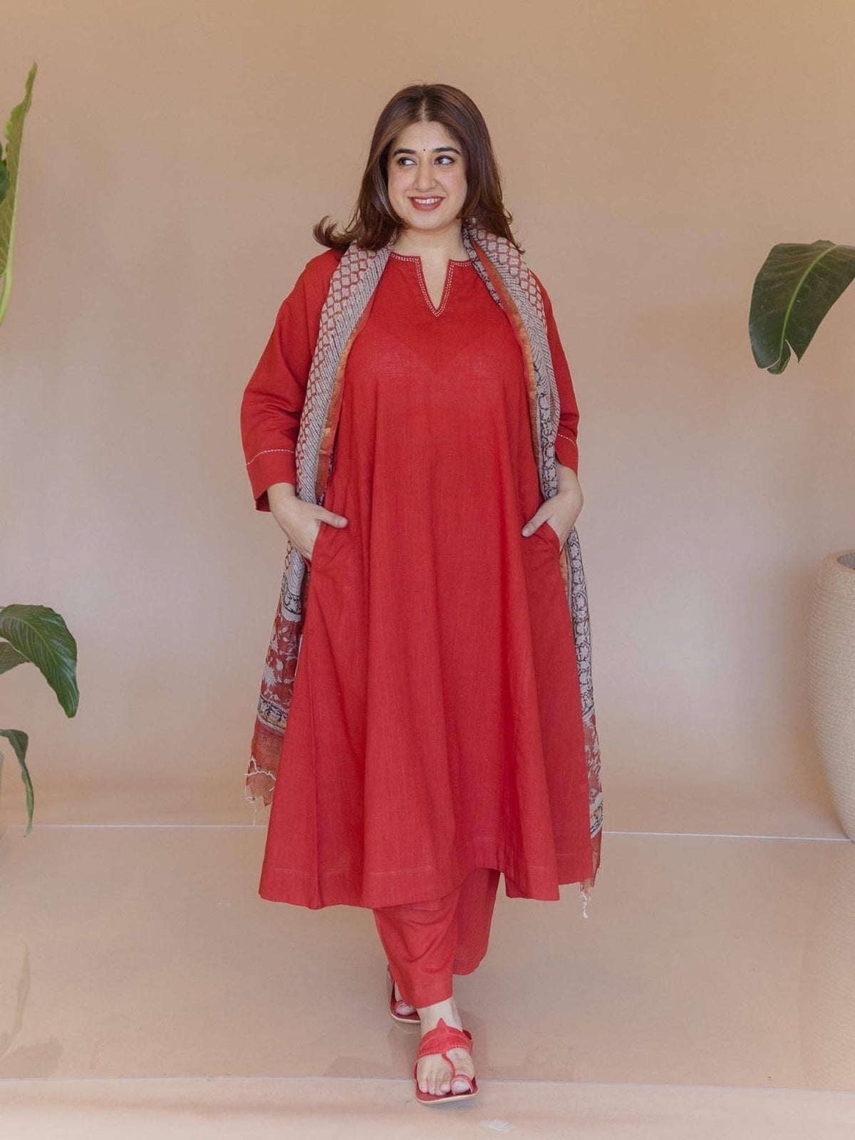 Nyra Red Solid Slub Cotton Jhabbha Kali Kurta with Hand Embroidery | KDG - view 3
