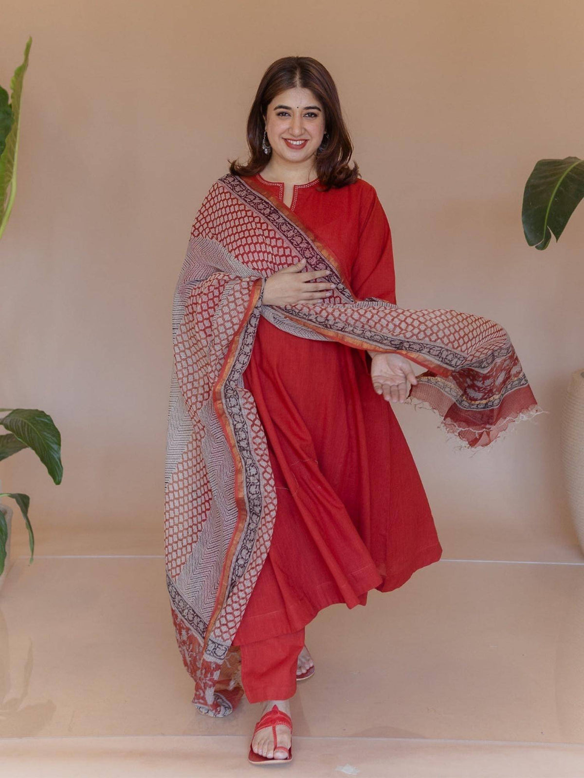 Nyra Red Solid Slub Cotton Jhabbha Kali Kurta with Hand Embroidery | KDG - view 4
