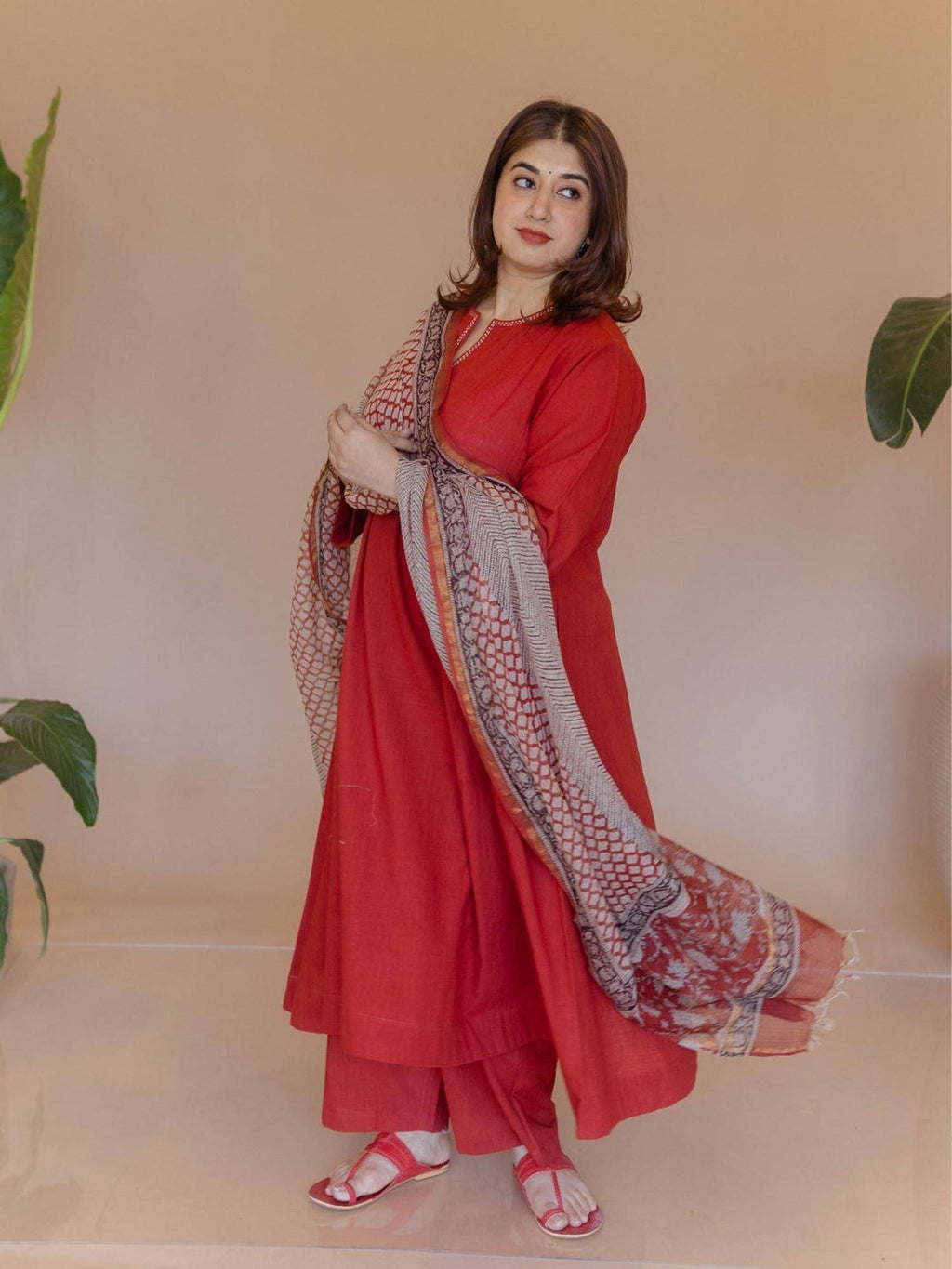 Nyra Red Solid Slub Cotton Jhabbha Kali Kurta with Hand Embroidery | FY93 - view 5
