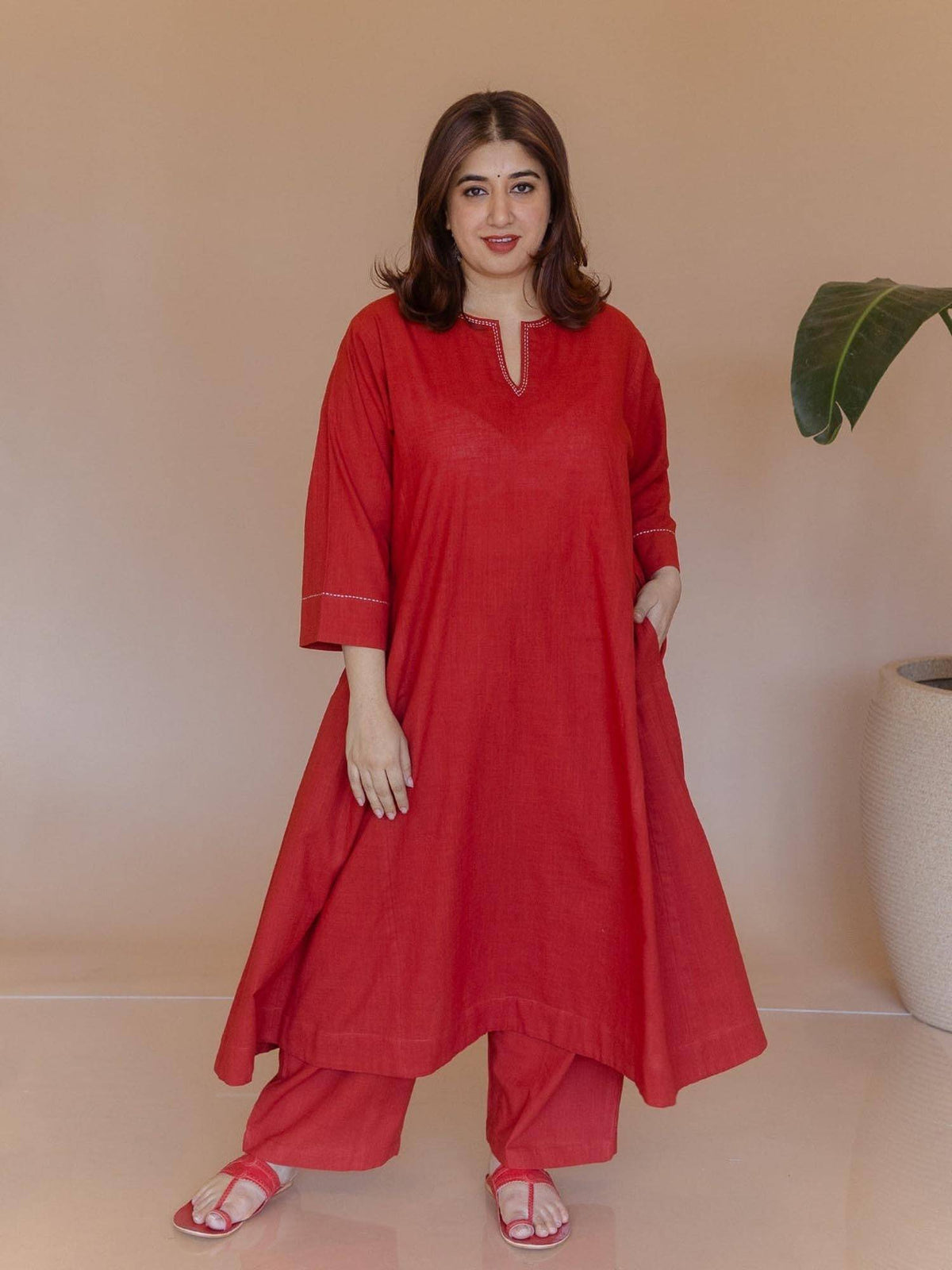 Nyra Red Solid Slub Cotton Jhabbha Kali Kurta with Hand Embroidery | FY93 - view 6