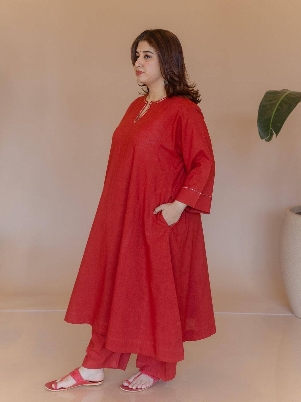 Nyra Red Solid Slub Cotton Jhabbha Kali Kurta with Hand Embroidery | KDG - view 7