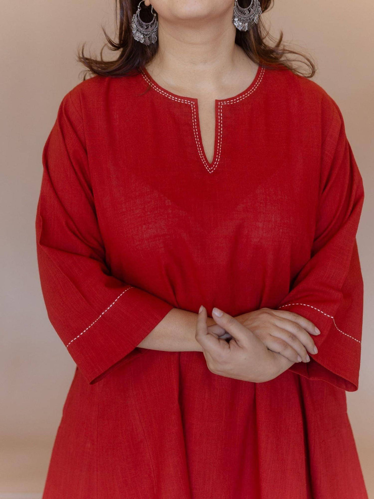 Nyra Red Solid Slub Cotton Jhabbha Kali Kurta with Hand Embroidery | KDG - view 8