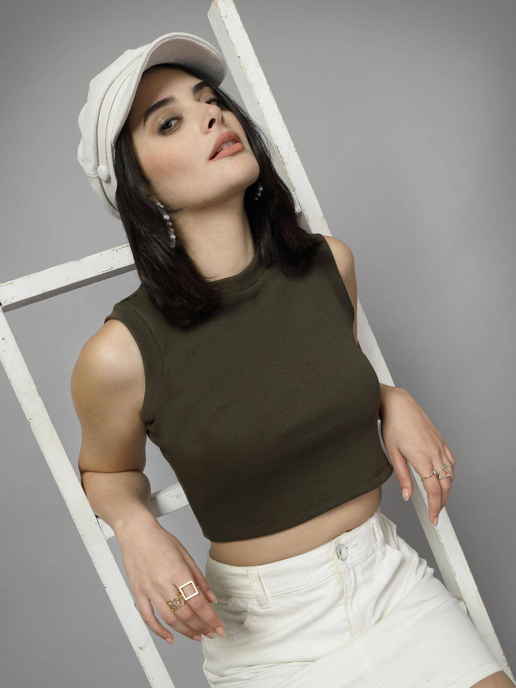 Women Olive Round Neck Solid Sleeveless Crop Top | CT61 - view 1