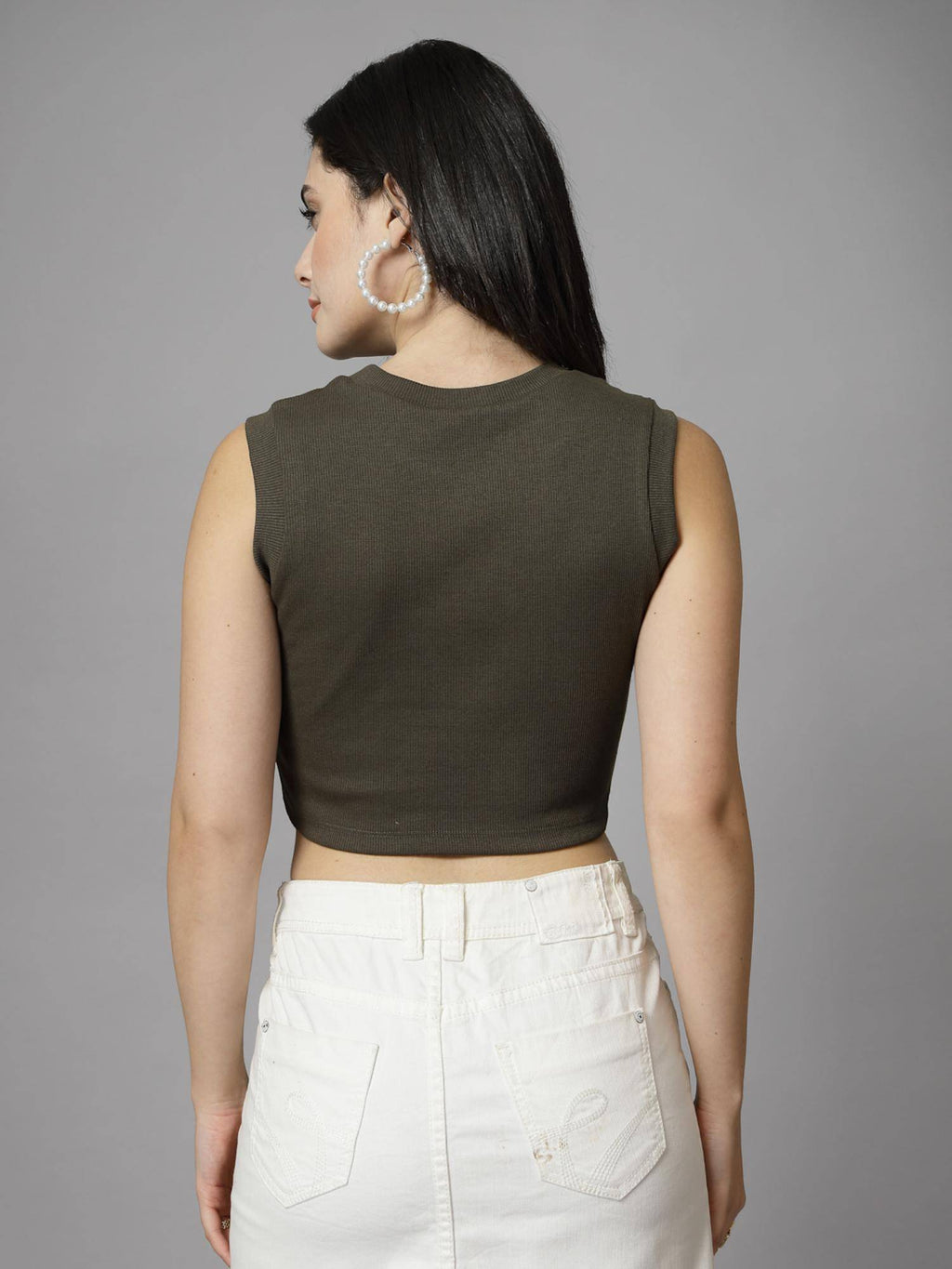 Women Olive Round Neck Solid Sleeveless Crop Top | CT61 - view 2