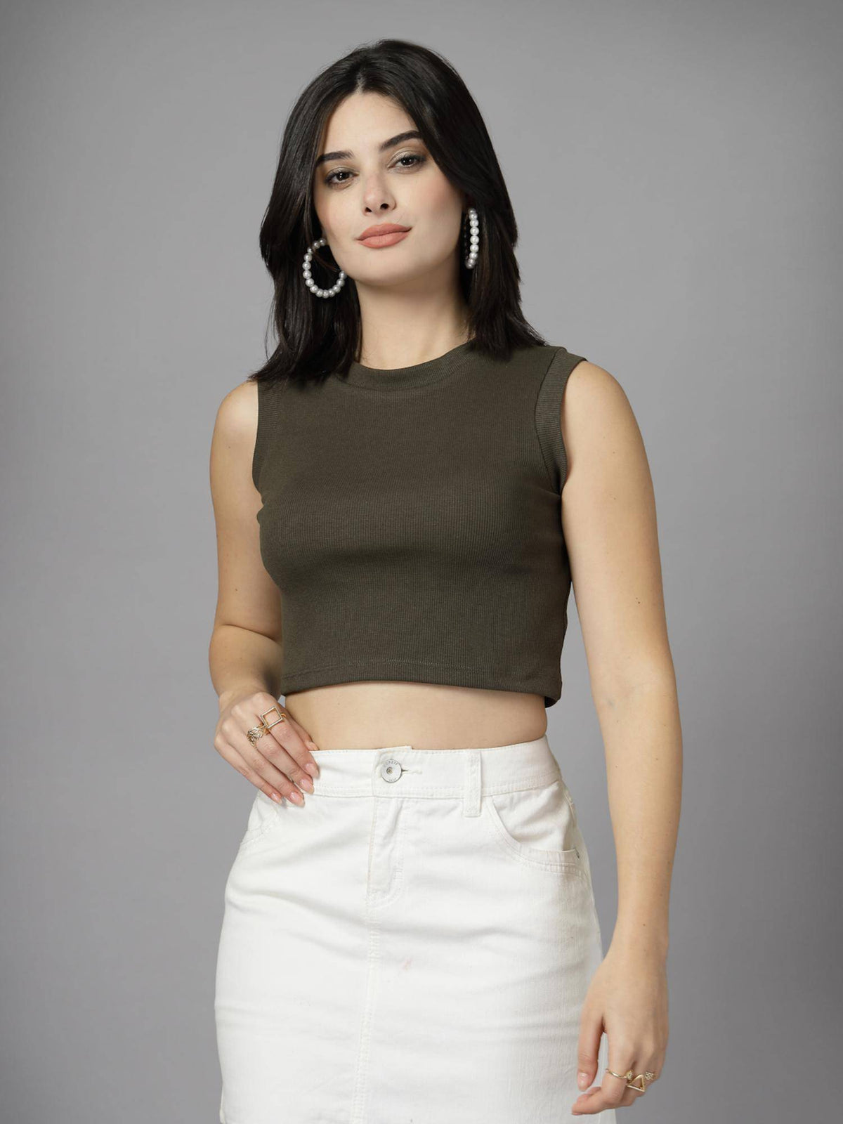 Women Olive Round Neck Solid Sleeveless Crop Top | CT61 - view 7